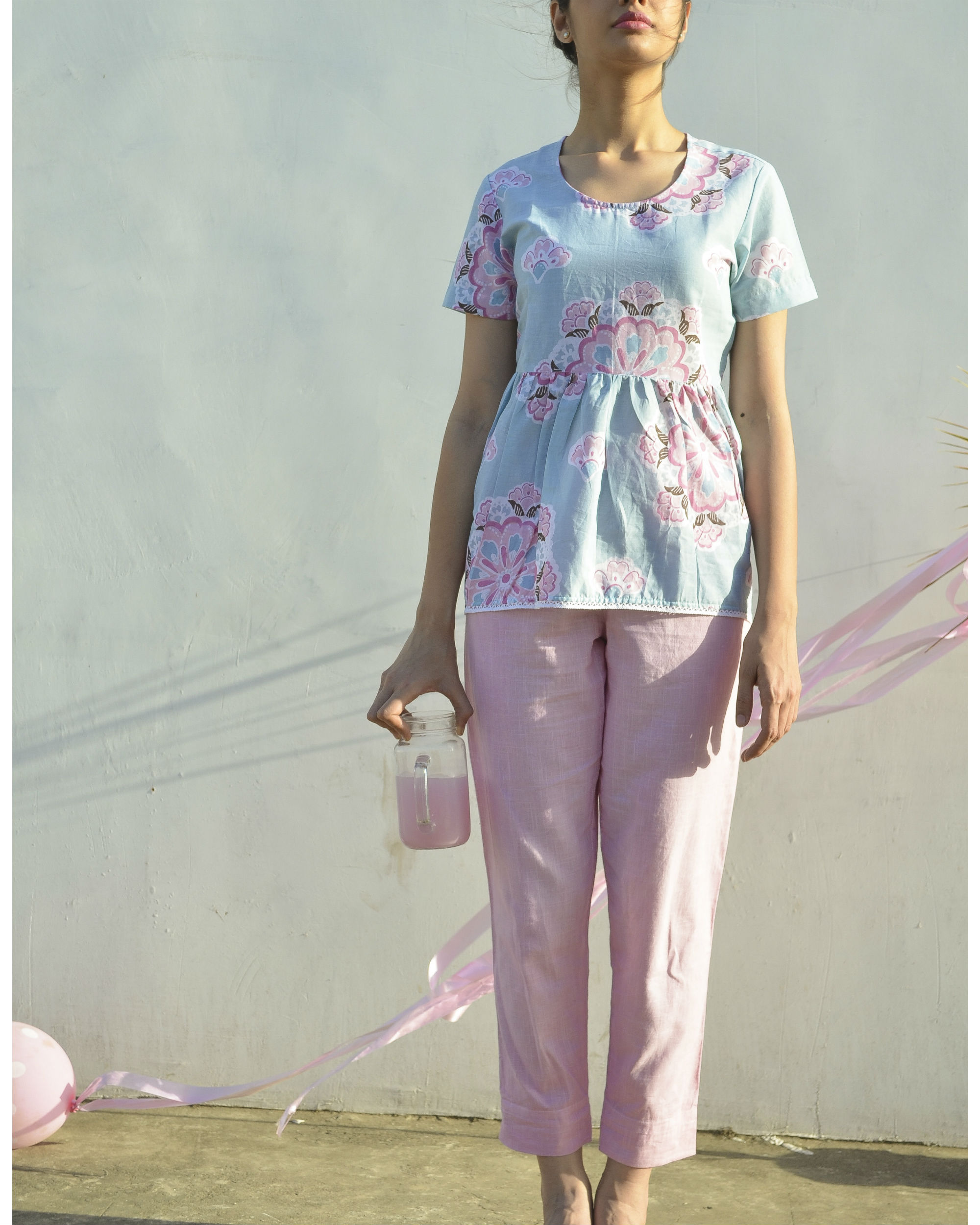 Pastel blue top with gathers by BAISE GABA The Secret Label