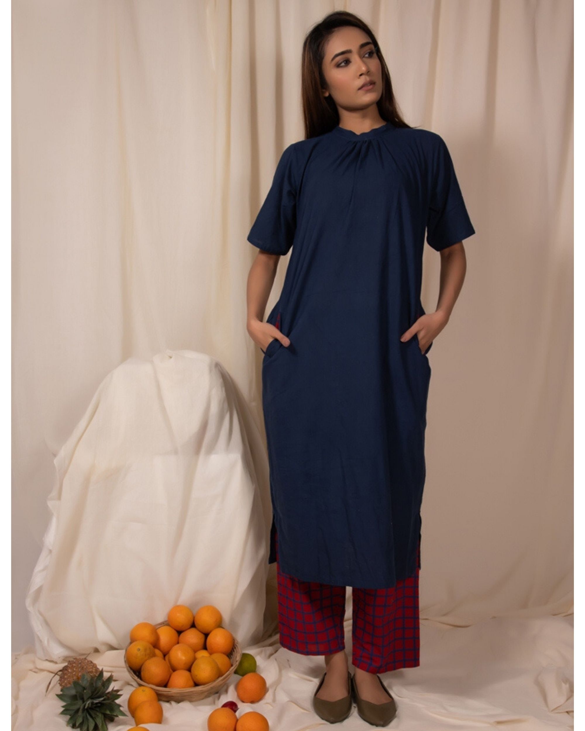 Indigo closed neck kurta with pockets by Silai | The Secret Label