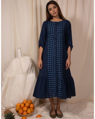 Indigo paneled ruffle dress by Silai | The Secret Label