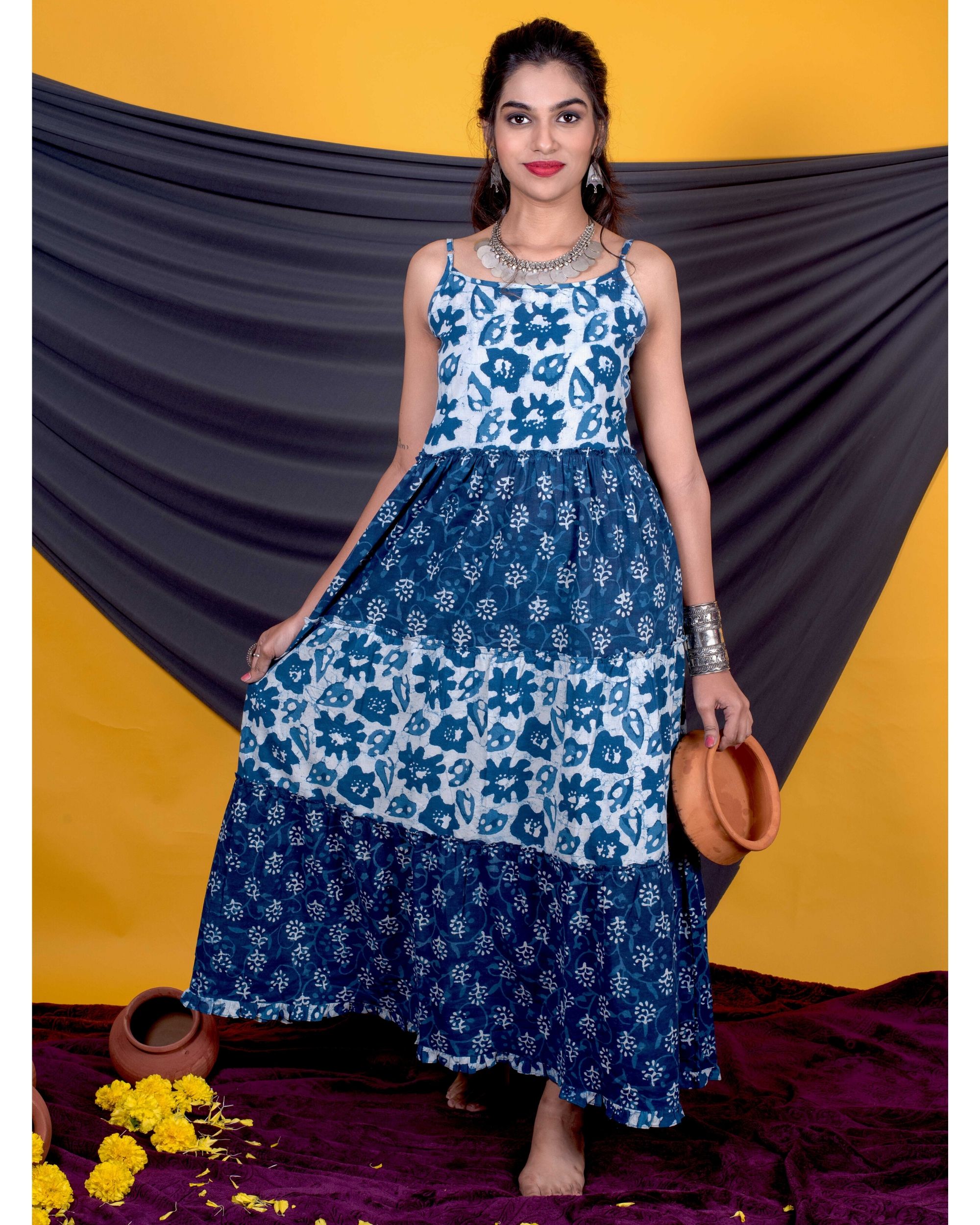 Buy Blue Satin Solid U Neck Color Block Maxi Dress For Women by Na-Ka  Online at Aza Fashions.