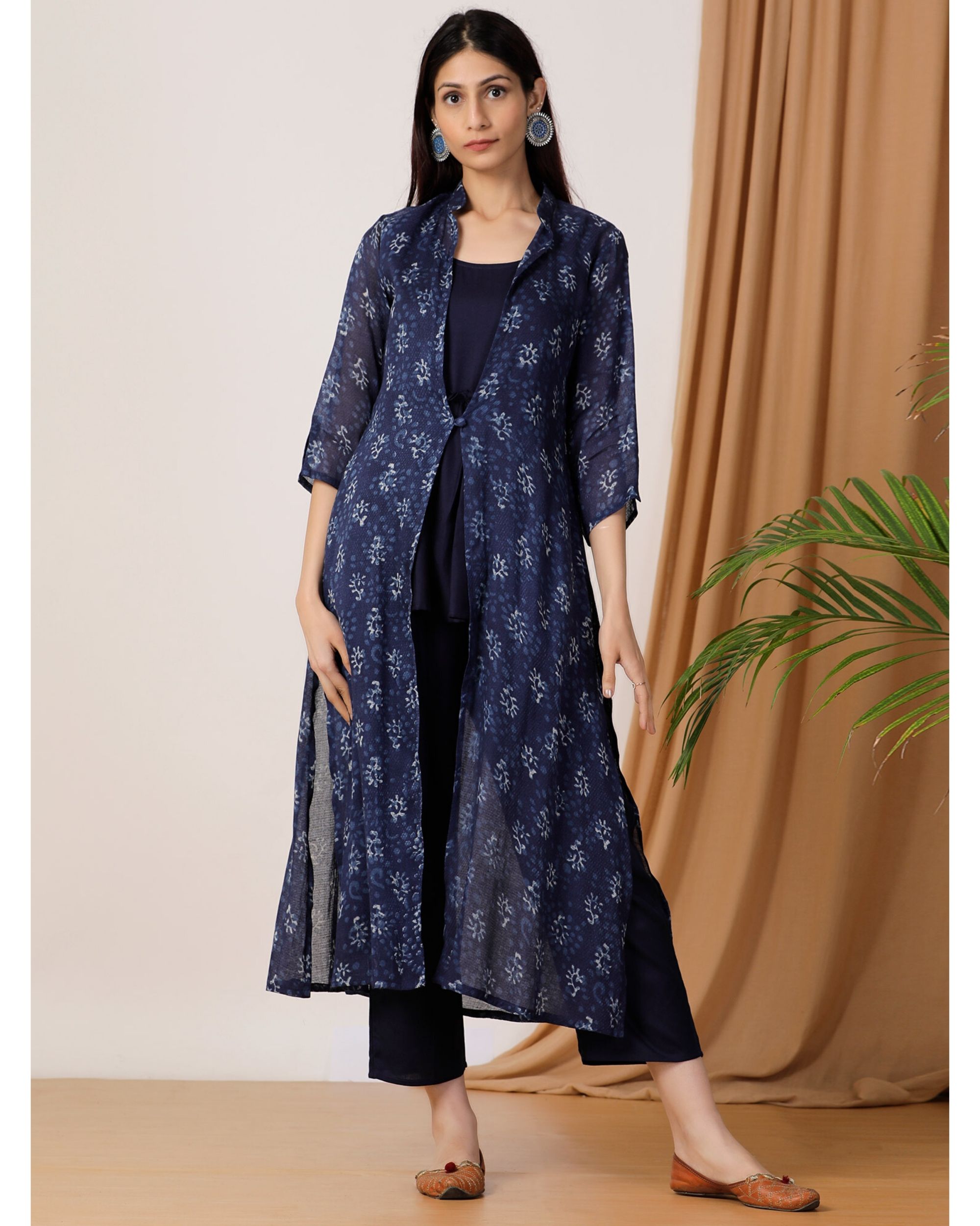 Indigo printed jacket with navy blue gathered top and pants- Set Of ...