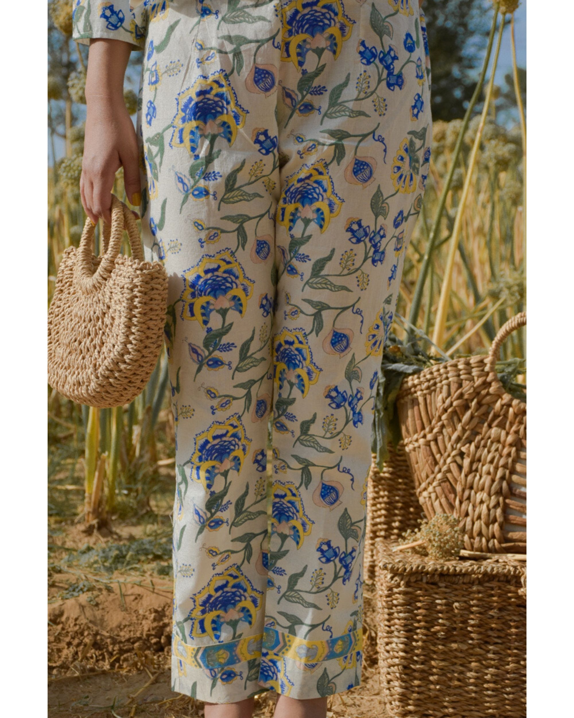 White floral printed straight pants by BAISE GABA | The Secret Label