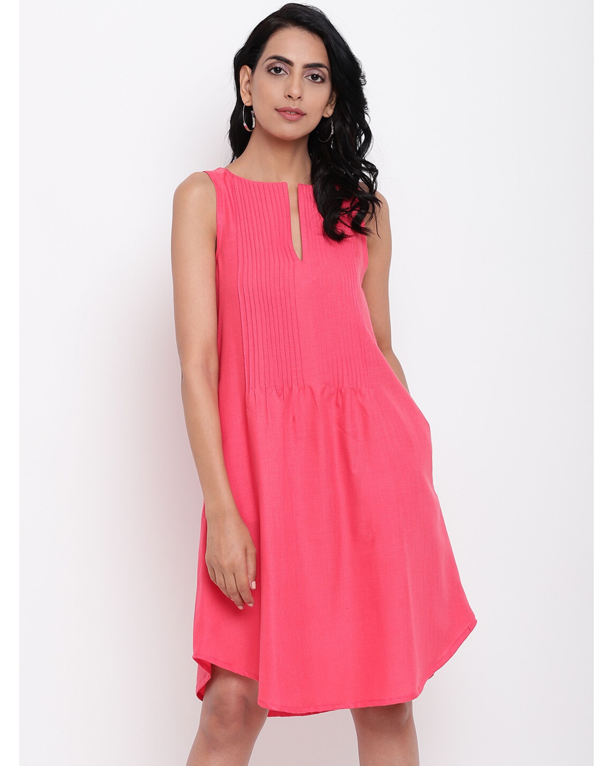 Hot Pink Pin Tucks Yoke Dress By Truebrowns 