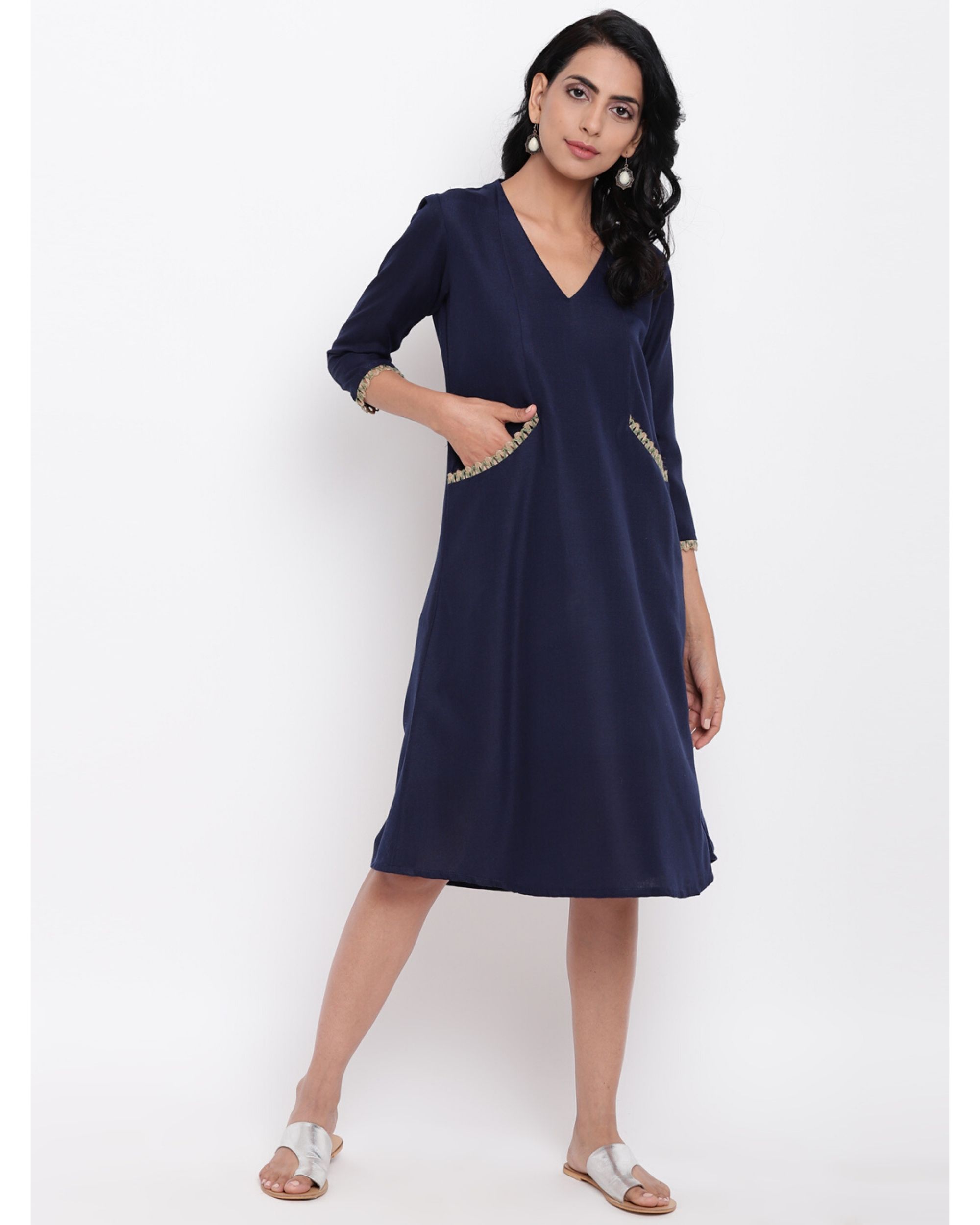 Navy blue jute lace pocket dress by trueBrowns | The Secret Label