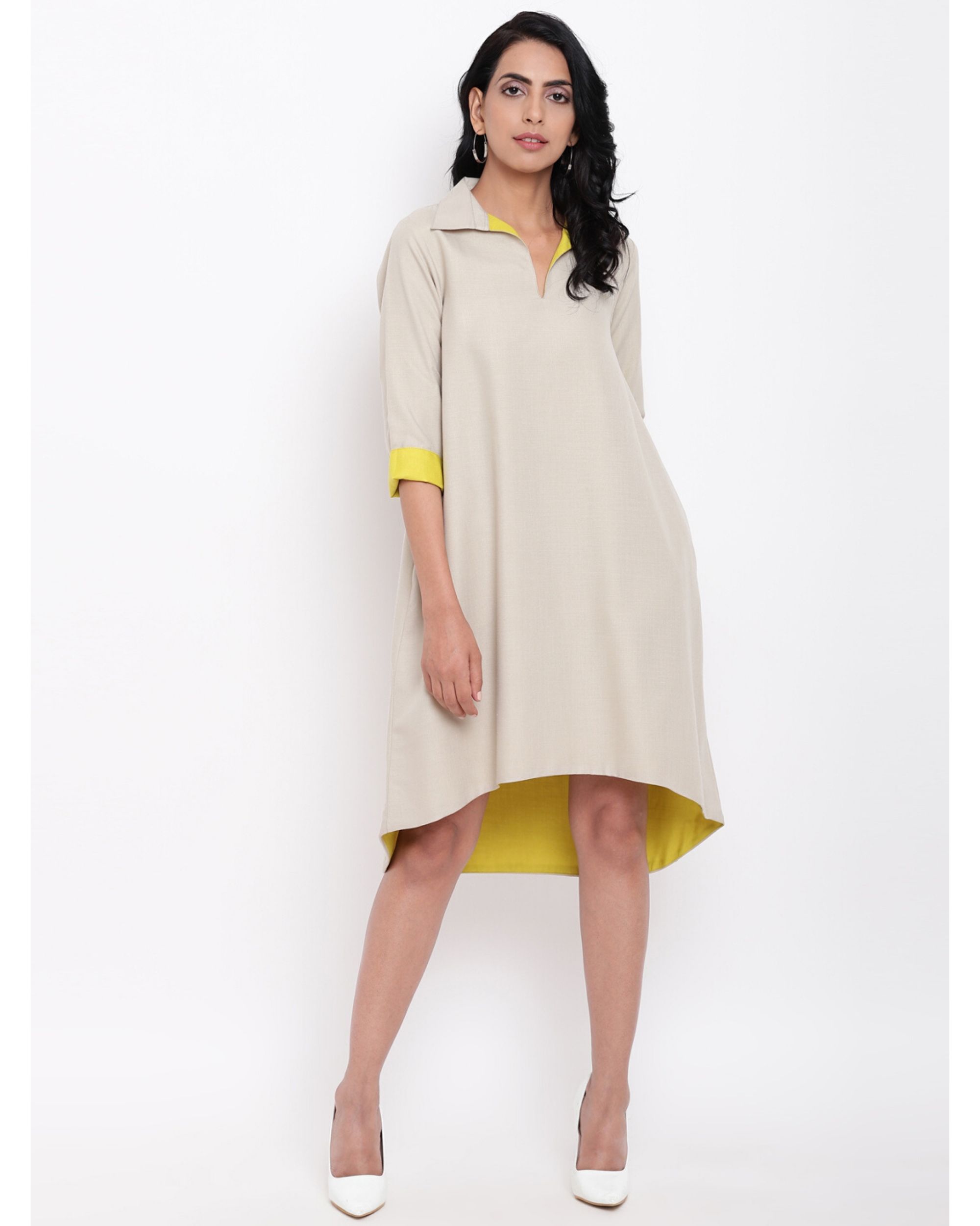 Beige grey collared high low dress by trueBrowns | The Secret Label