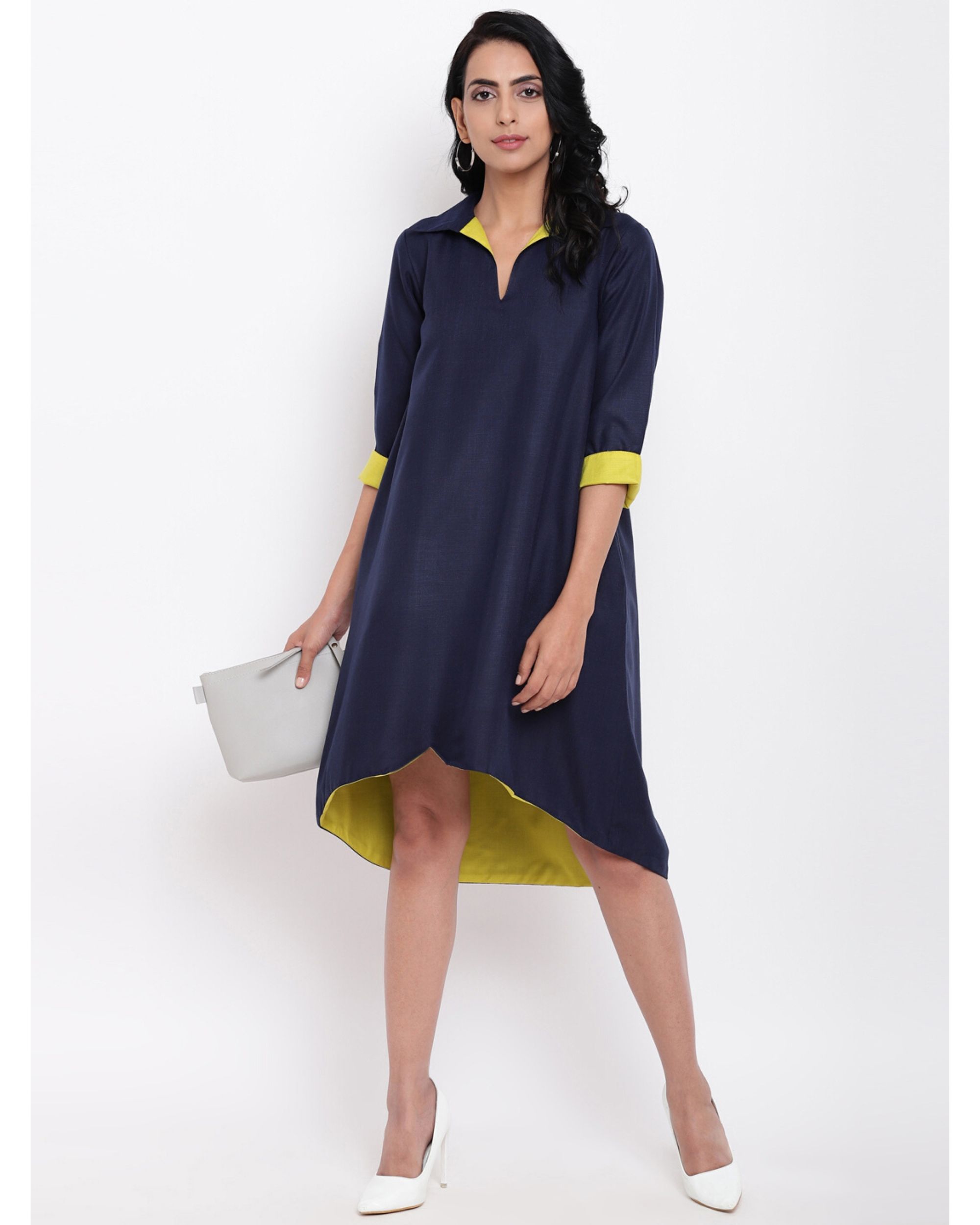 Navy blue and chartreuse yellow collared dress by trueBrowns | The ...