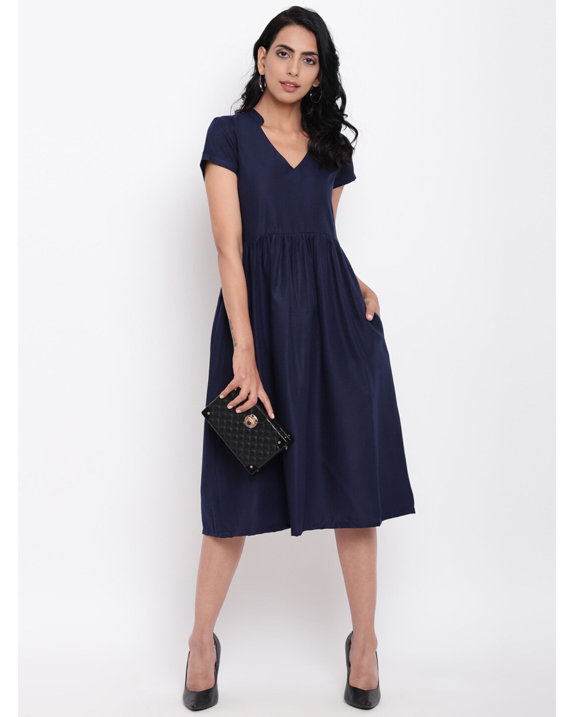 Navy blue gathered collar dress by trueBrowns | The Secret Label