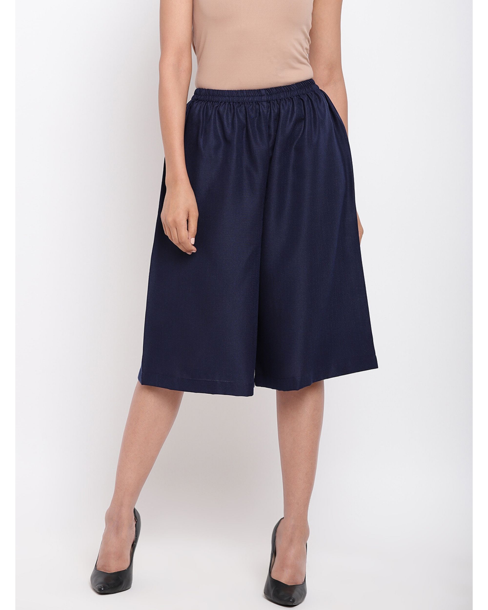 Navy blue cotton linen short palazzo by trueBrowns | The Secret Label