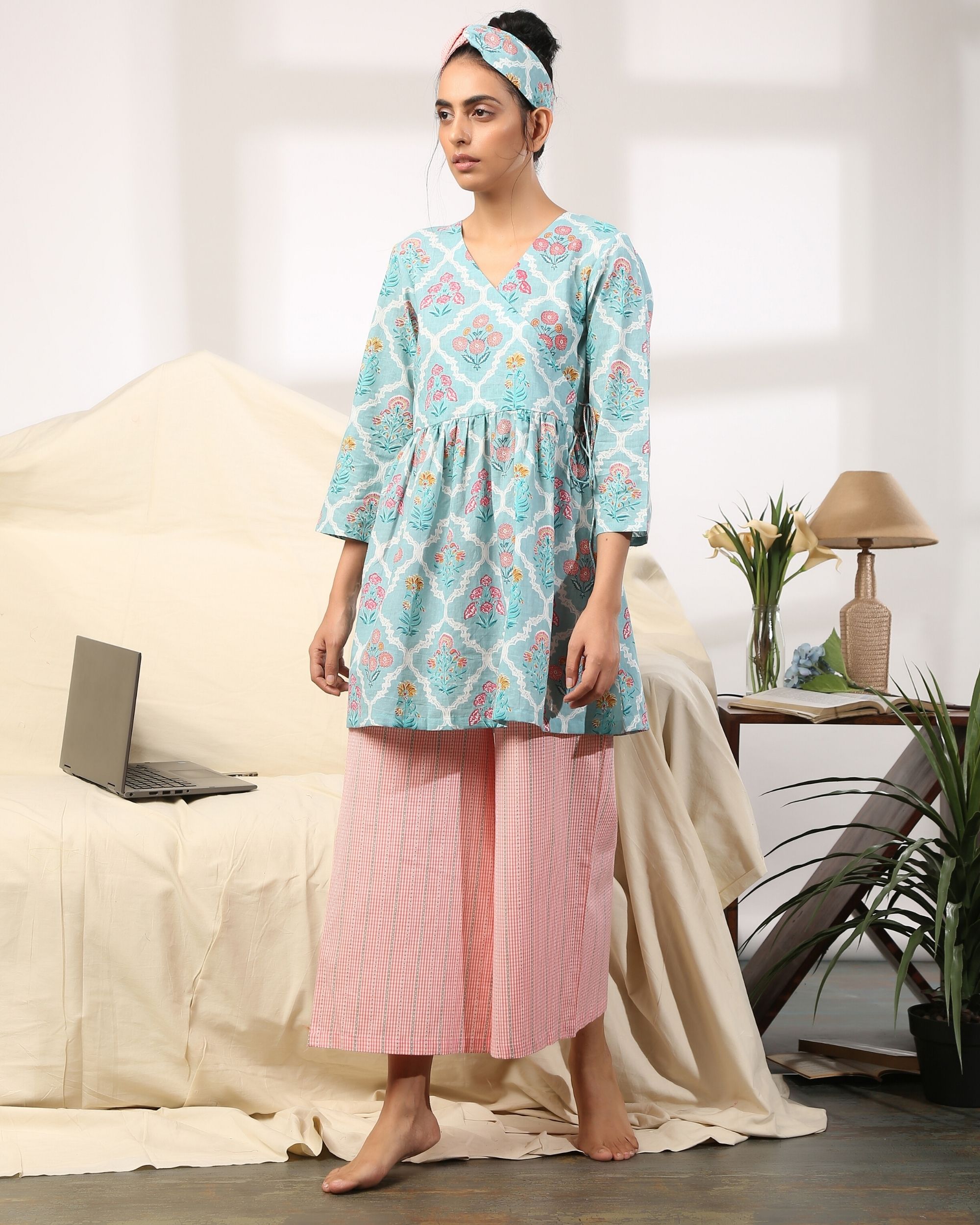 Pastel blue floral printed angrakha kurta by Raasleela | The Secret Label