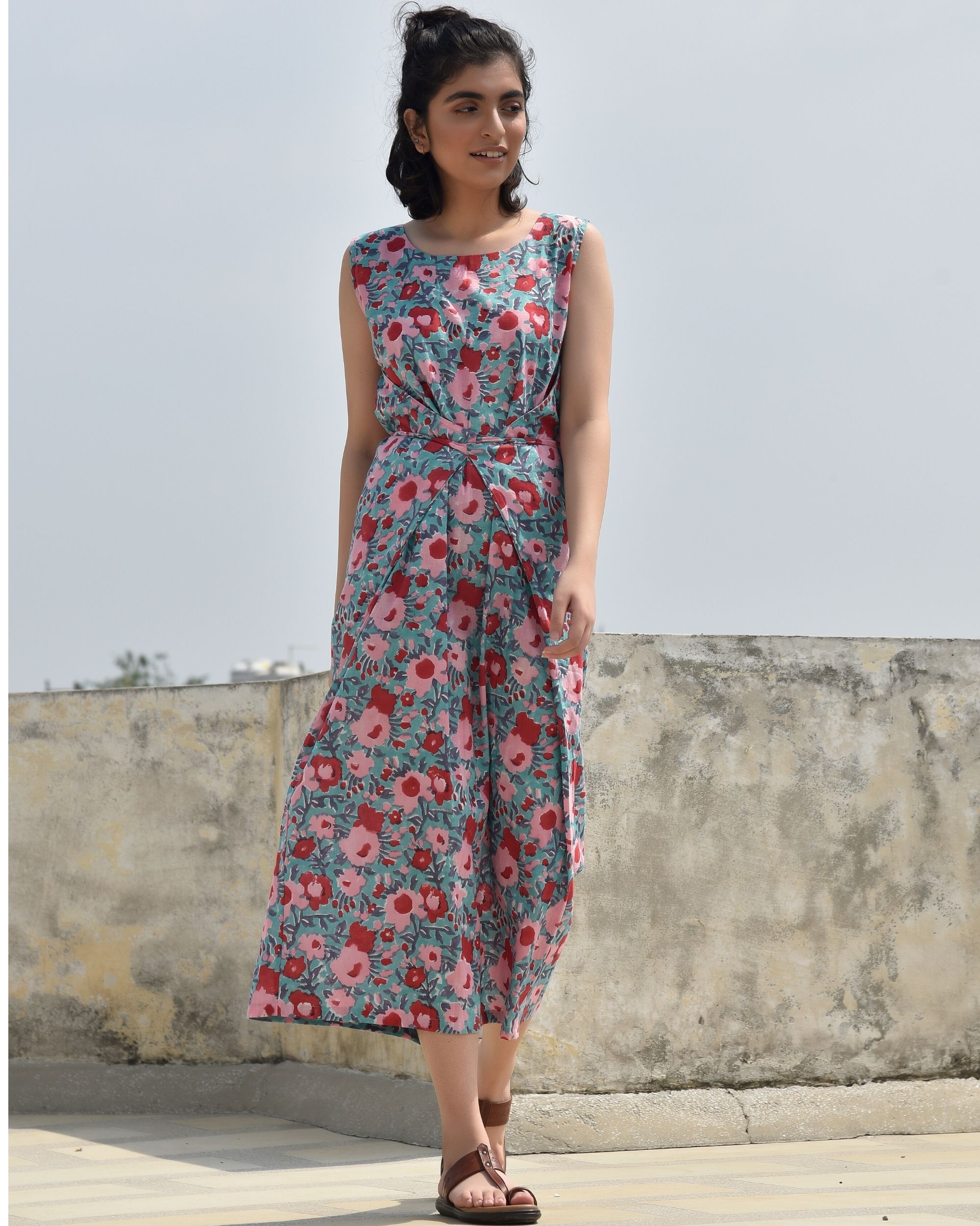 Blue and red floral printed maxi dress with waist tie-up by Raasleela ...