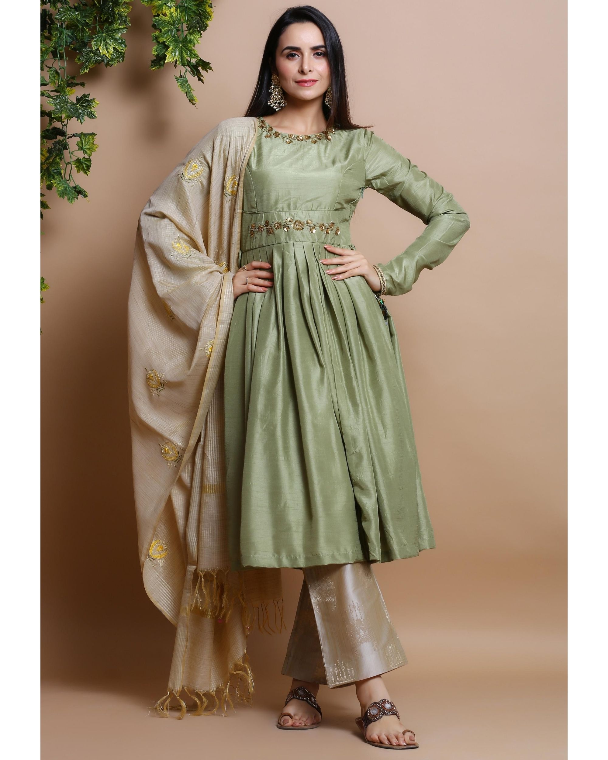 Olive green and cream kurta and palazzo with dupatta - set of three by ...