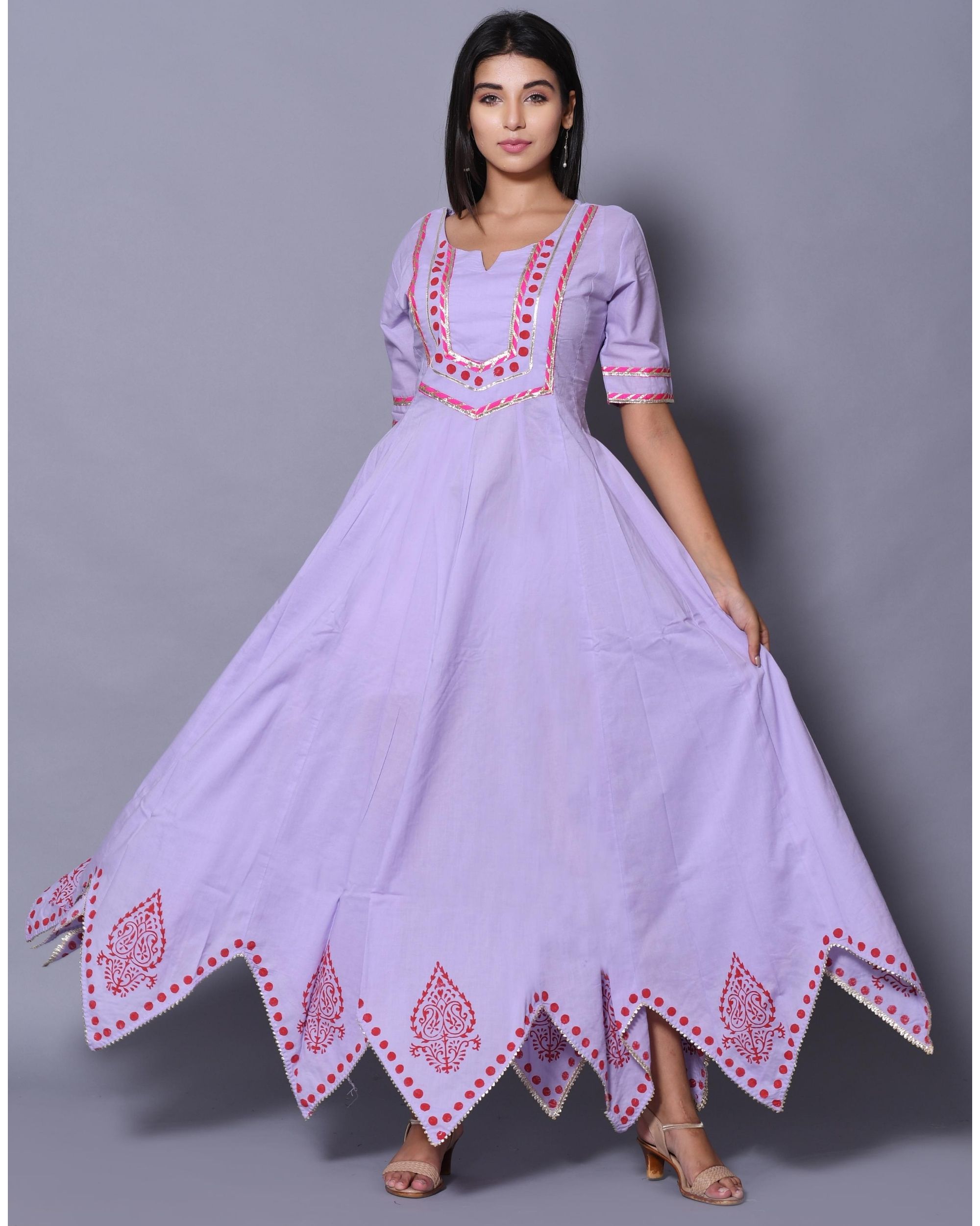 Periwinkle and pink hand block printed zig-zag dress by Chokhi Bandhani ...