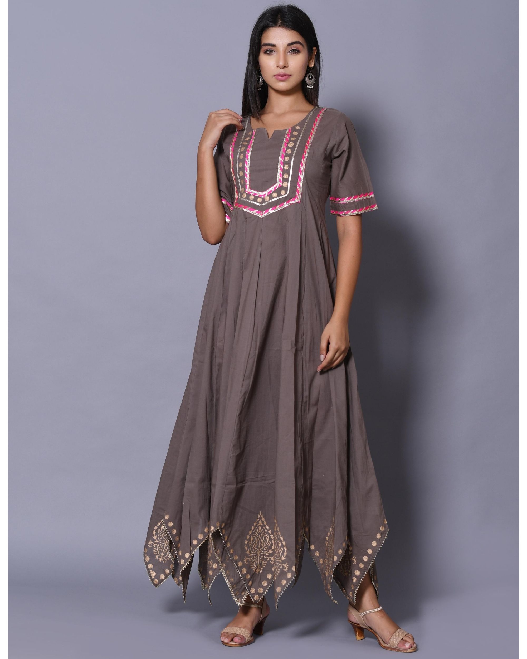 Grey and pink hand block printed zig-zag dress by Chokhi Bandhani | The ...