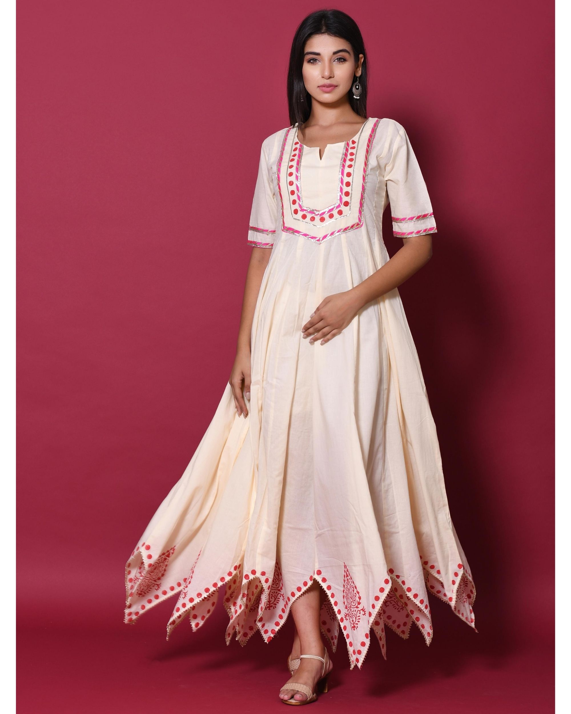 Beige hand block printed zig-zag dress by Chokhi Bandhani | The Secret ...