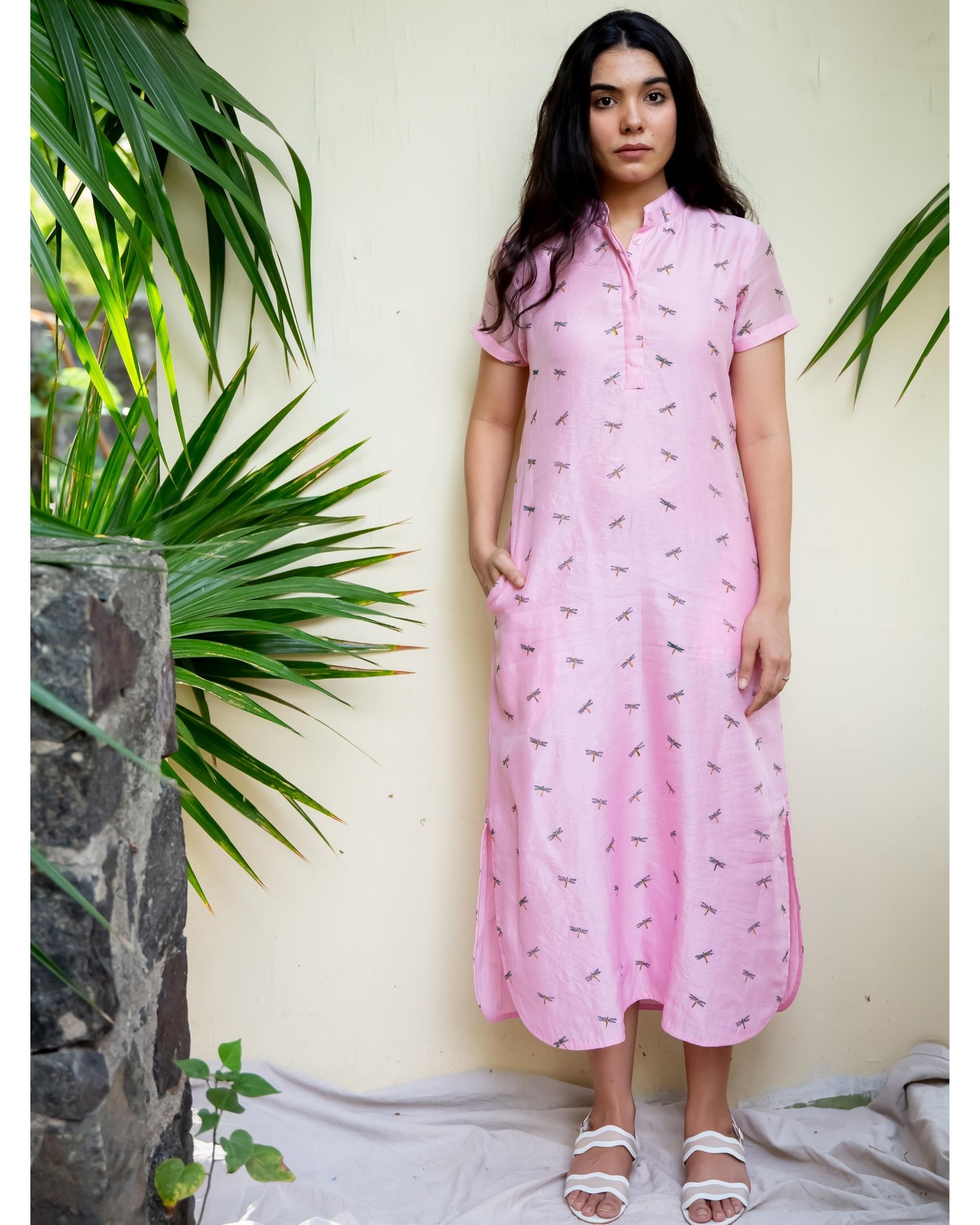 Pink chanderi midi dress by Kokum | The Secret Label