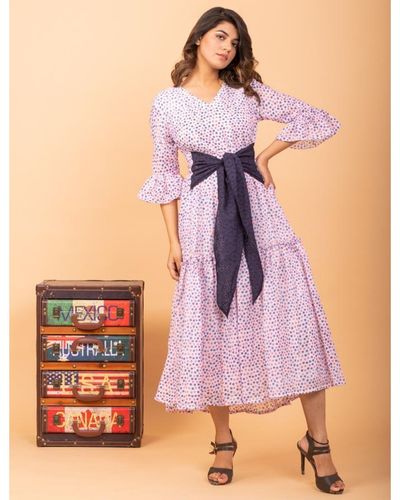 Purple polka printed ruffled dress with belt by Siddhi Creation | The ...