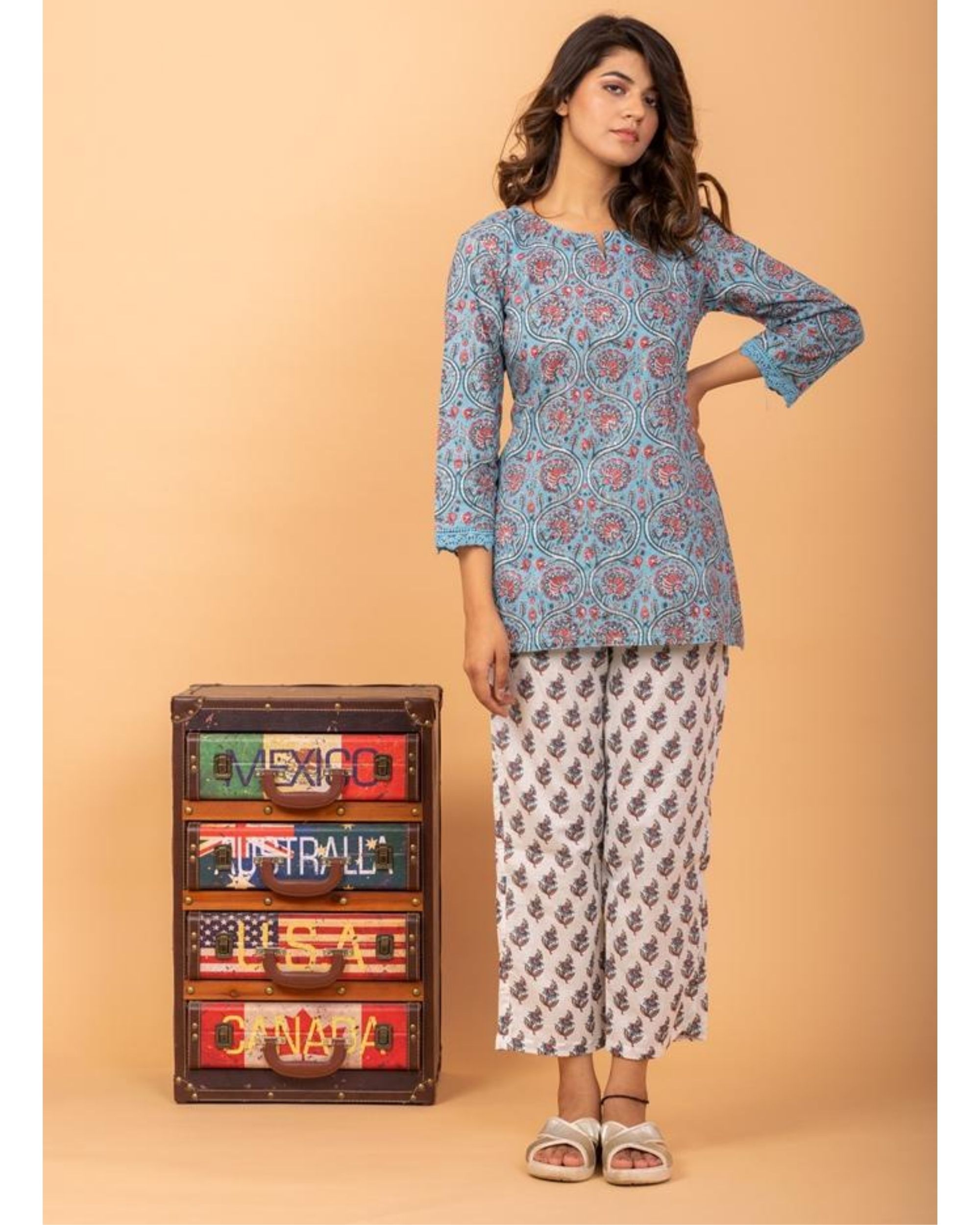 Blue floral printed top and pants - Set Of Two by Siddhi Creation | The ...