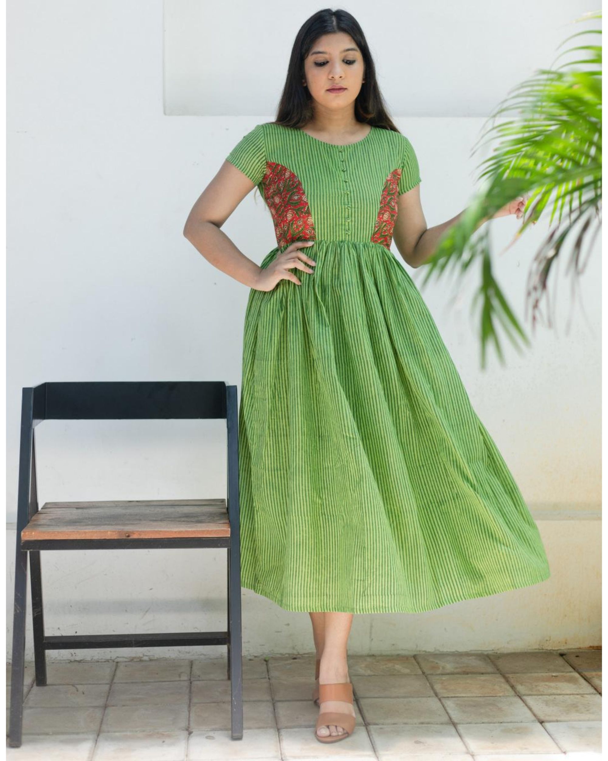 Leaf green striped midi dress by Athira Designs | The Secret Label