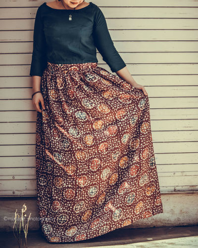Teal top with batik coffee skirt by Ekta & Sonal | The Secret Label