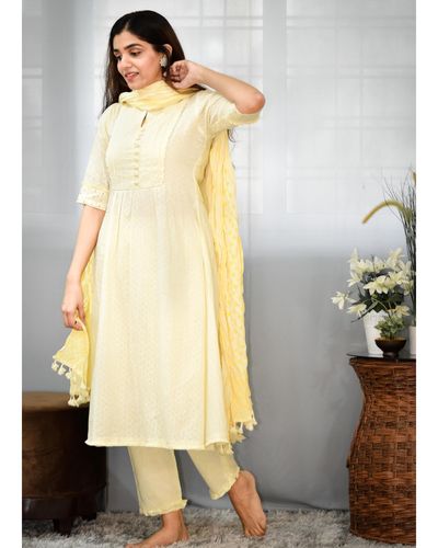 Pastel yellow gathered yoke kurta and pants with dupatta - Set Of Three ...