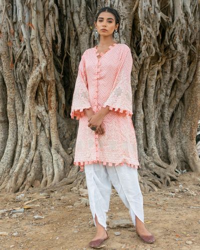 Pink noodle strap kurta with pants - set of two by Gulaal