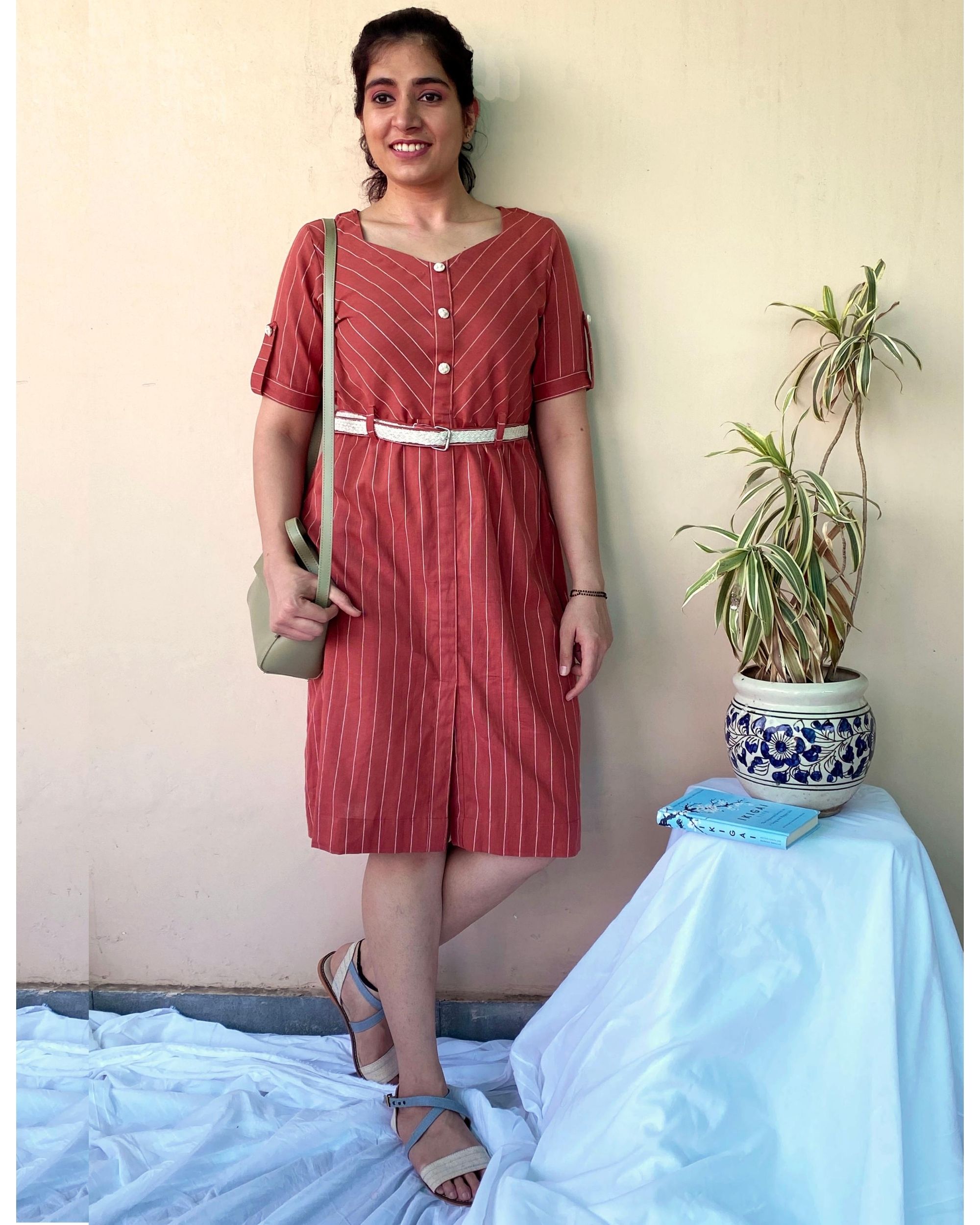 Brown striped buttoned dress with belt - Set Of Two by Anecdotes | The ...