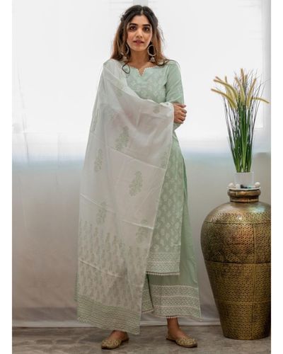 White and mint green khari block printed dupatta by Jalpa Shah | The ...