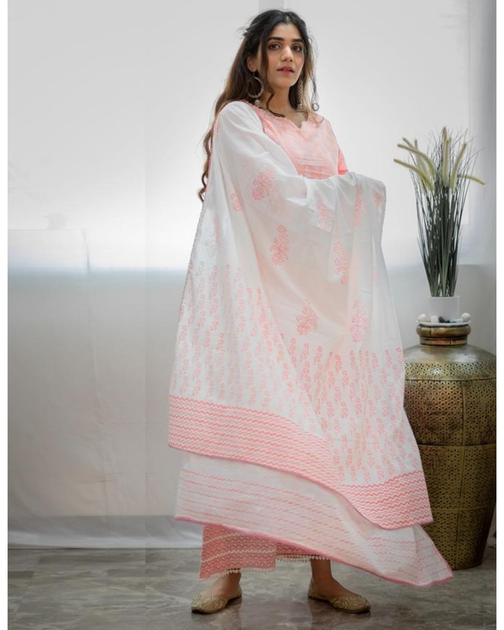White and blush pink khari block printed dupatta
