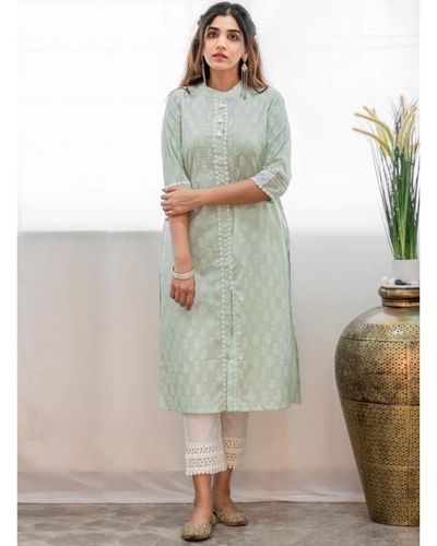 Mint green khari block printed kurta by Jalpa Shah | The Secret Label