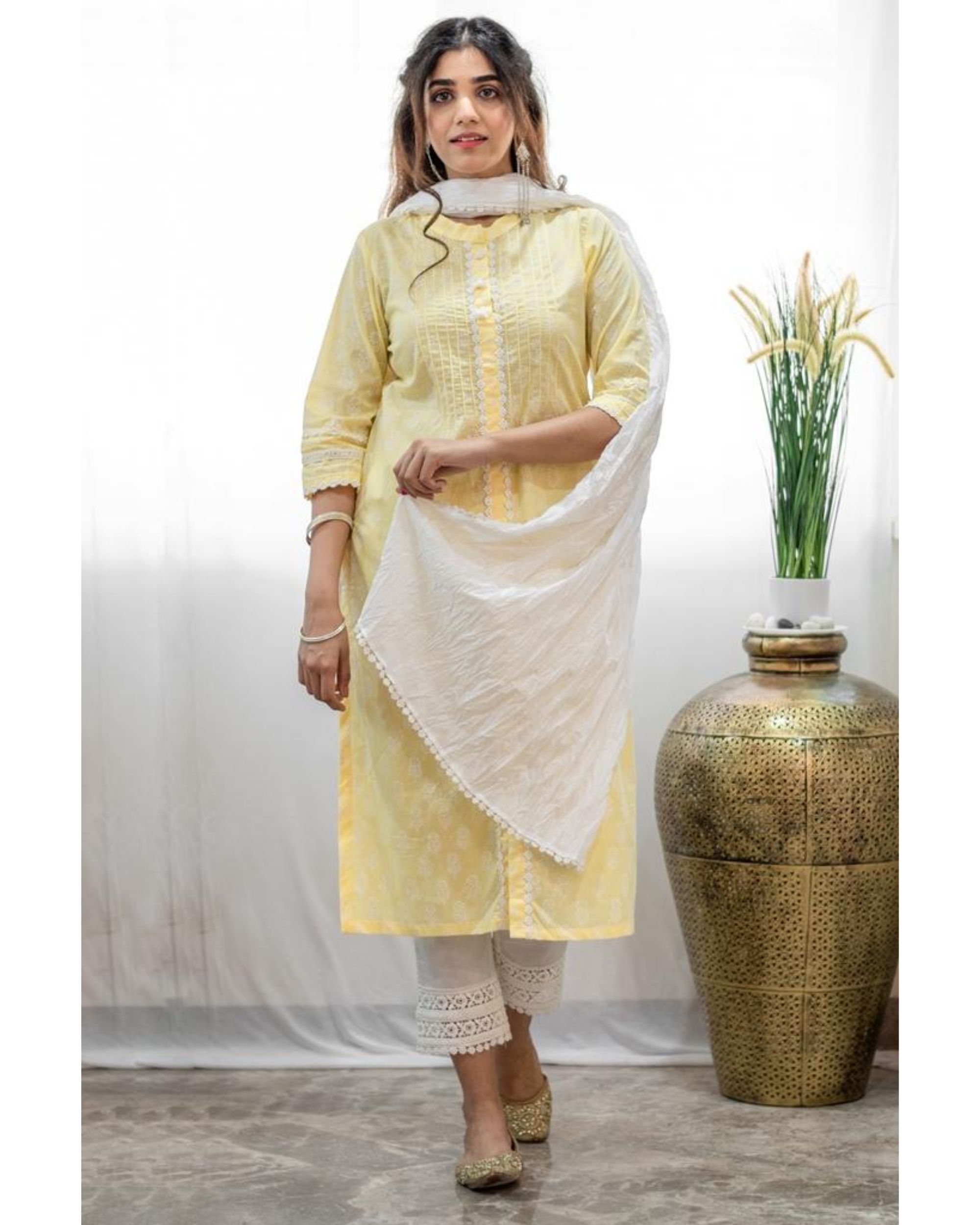 Pastel yellow khari block printed kurta with pants and crinkled dupatta - Set Of Three
