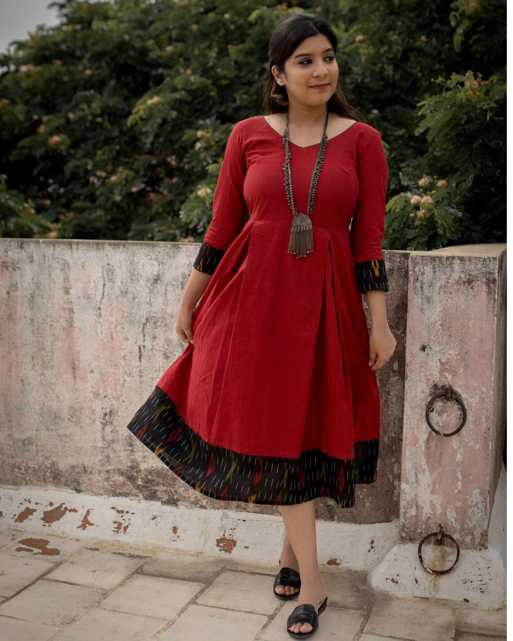 Red and black pleated dress by Ekanta | The Secret Label