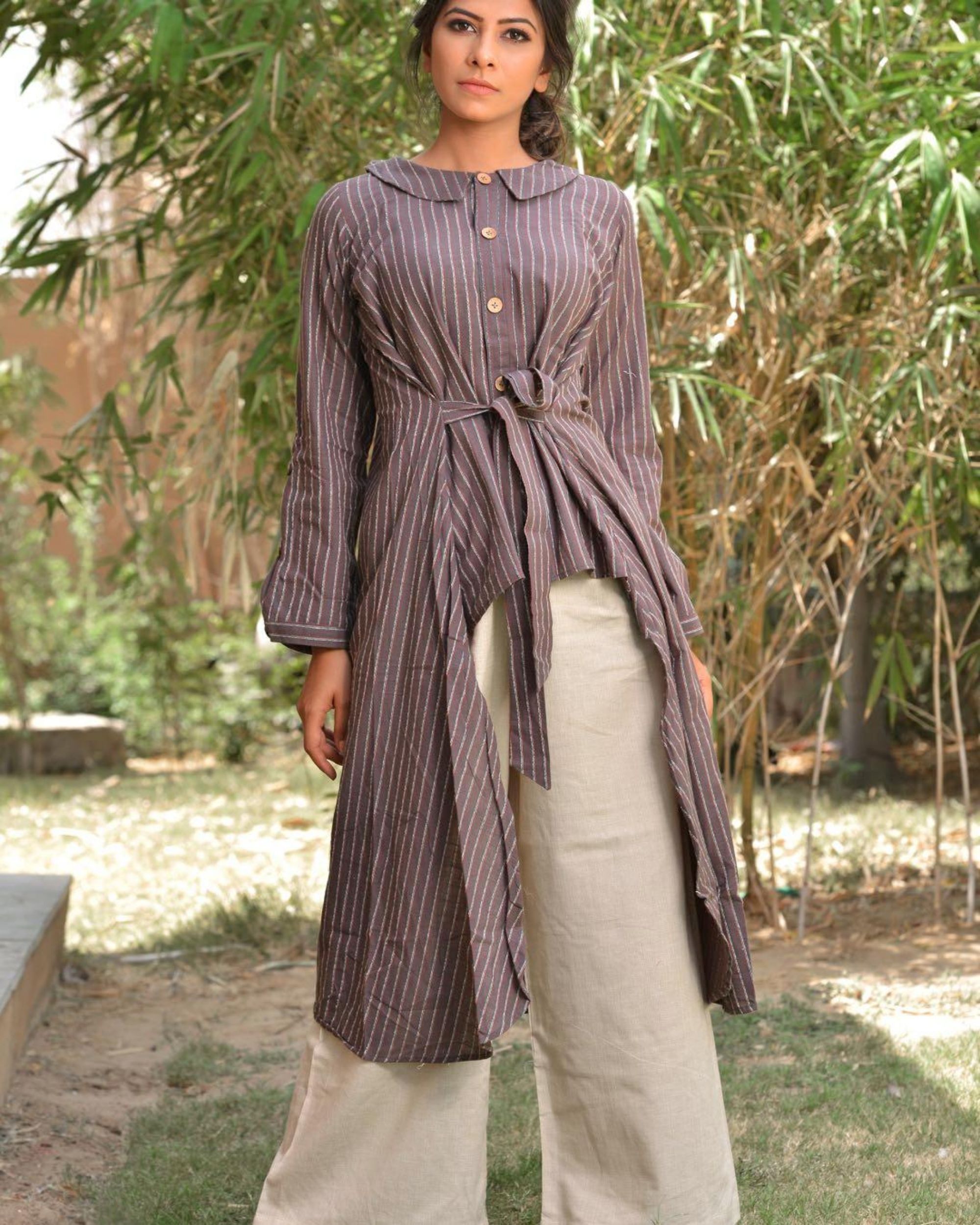 Grey striped high low kurta by Sugandh | The Secret Label