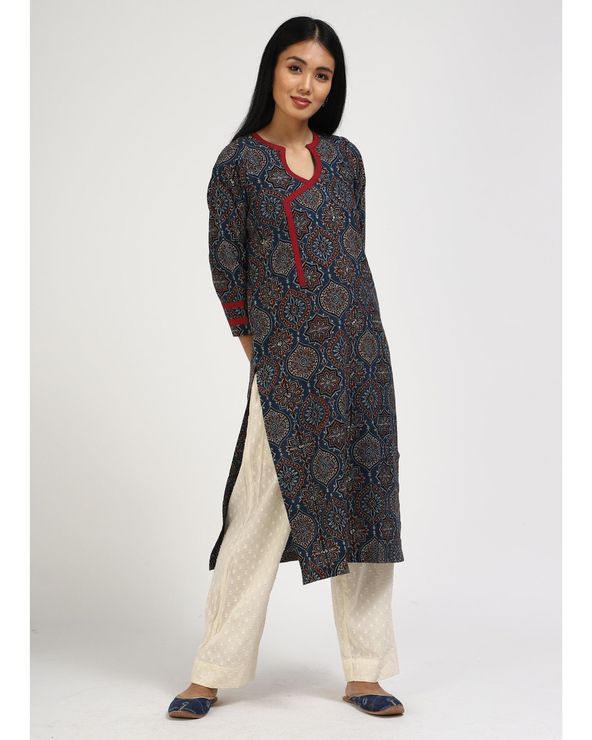 Blue ajrakh hand block printed kurta by Svaroop Apparel | The Secret Label