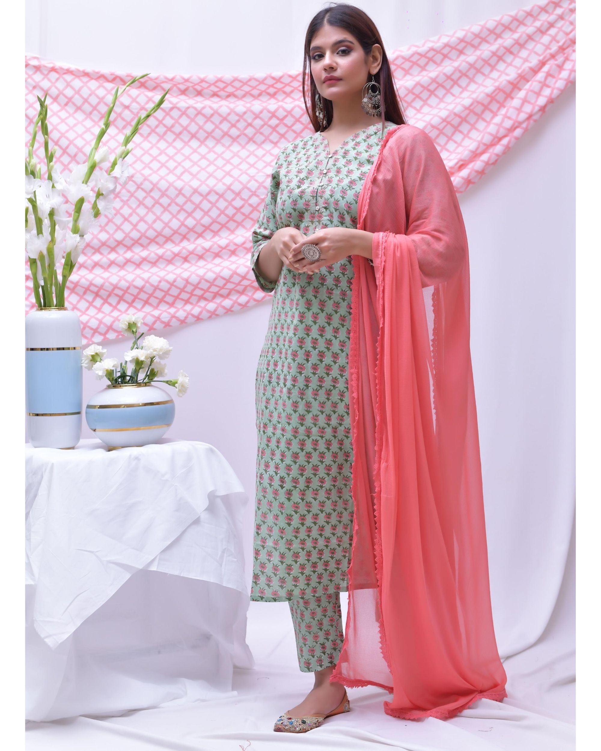 sea green suit with pink dupatta