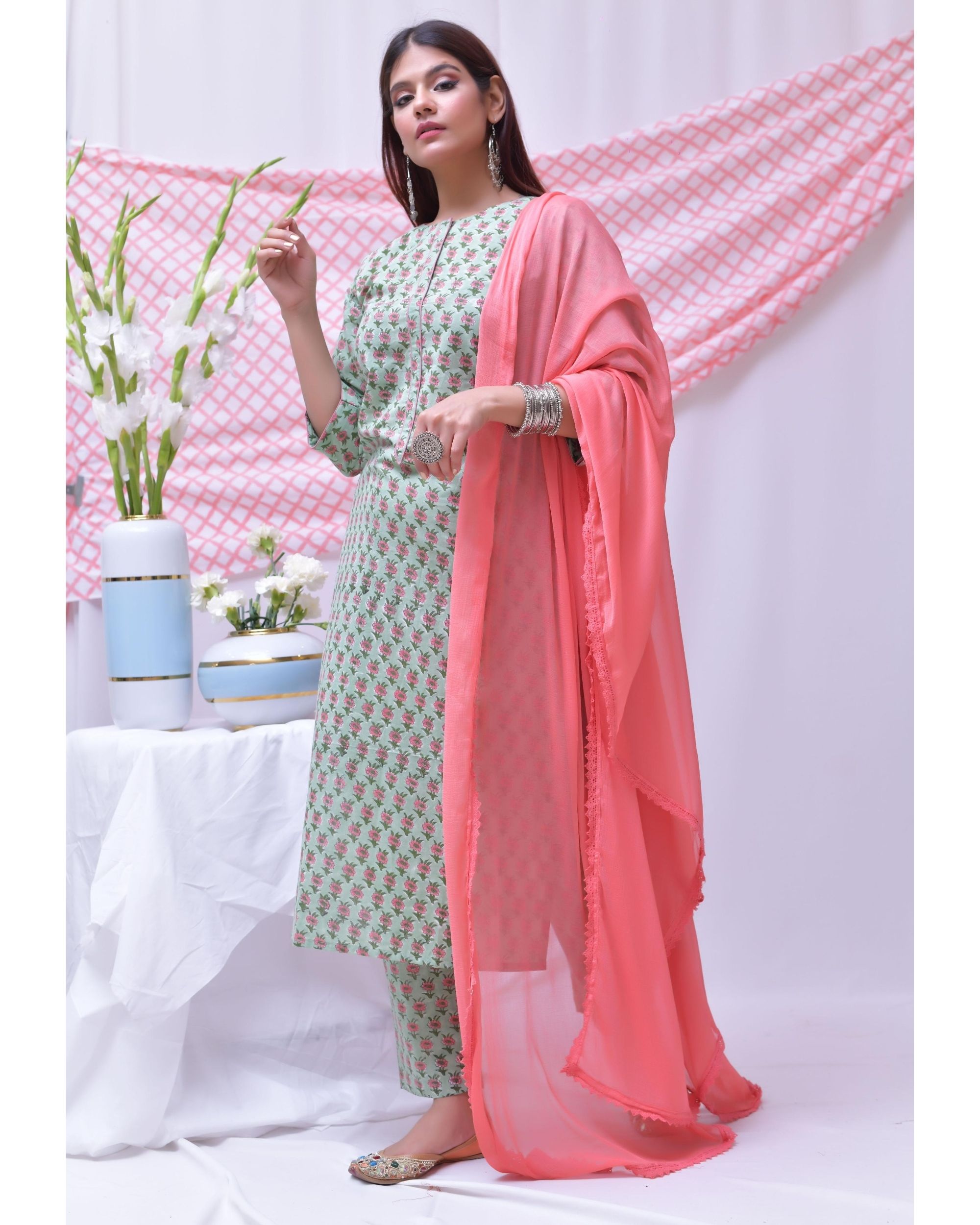 Buy JANASYA Green Solid Chanderi Boat Neck Women's Salwar Suit | Shoppers  Stop-gemektower.com.vn