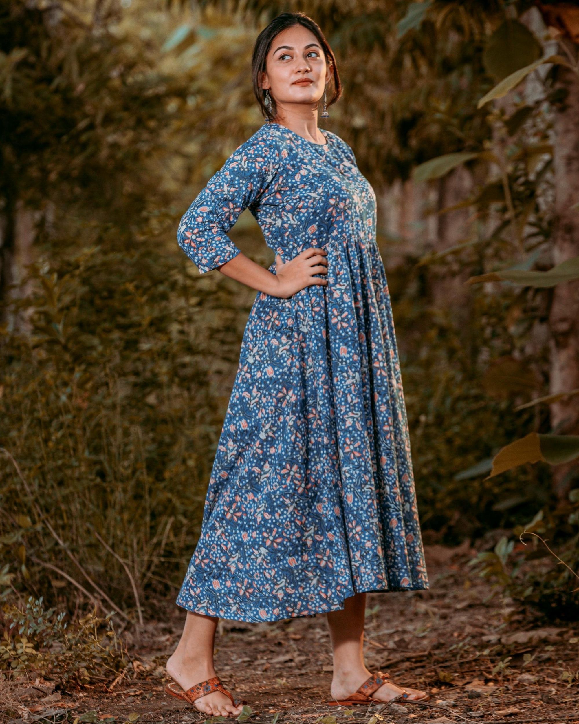 Blue floral hand block printed yoke dress by Studio Tattva | The Secret ...