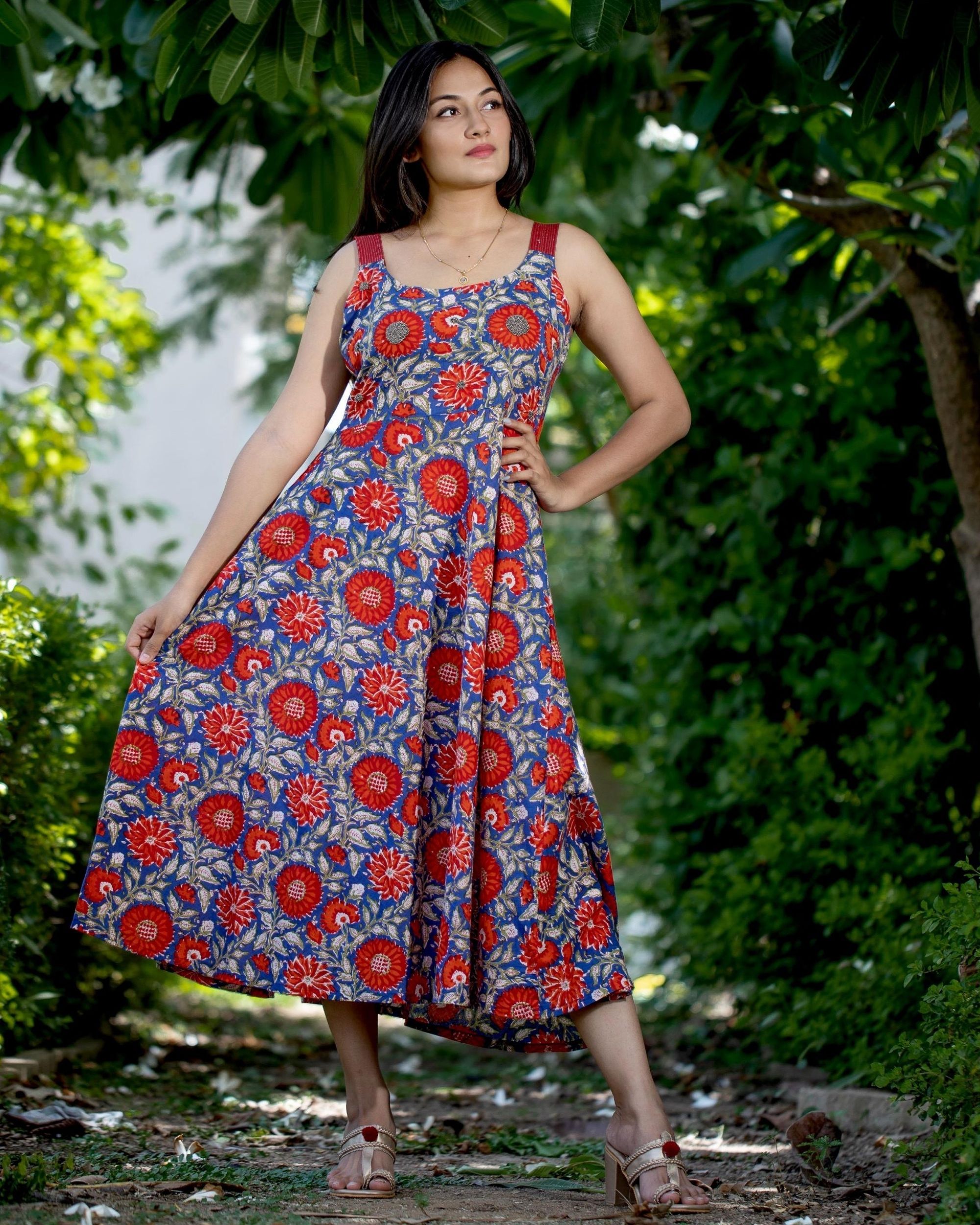 Blue and red floral printed strap dress by Studio Tattva