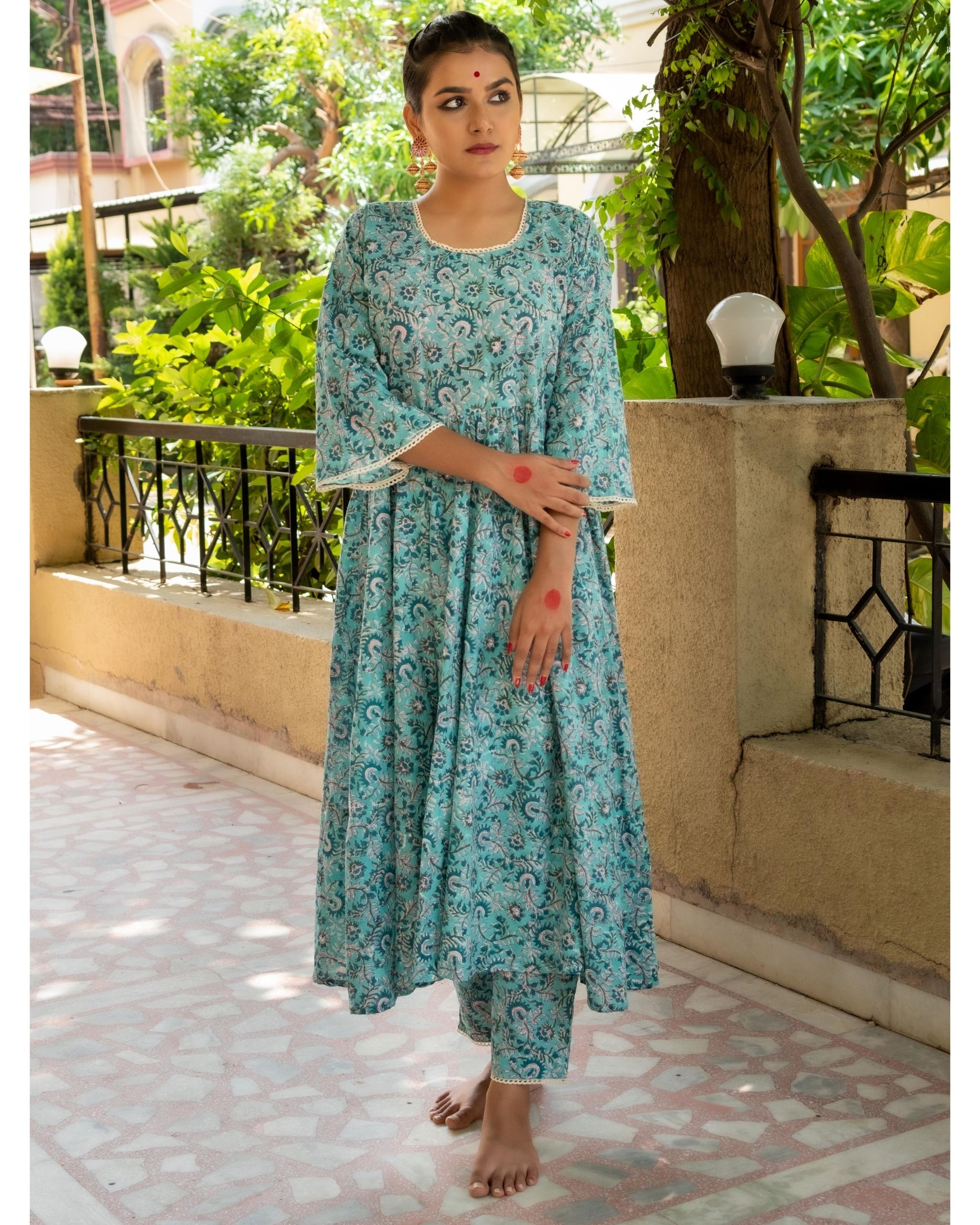Bluish green floral hand block printed lace kurta with pants - Set Of ...