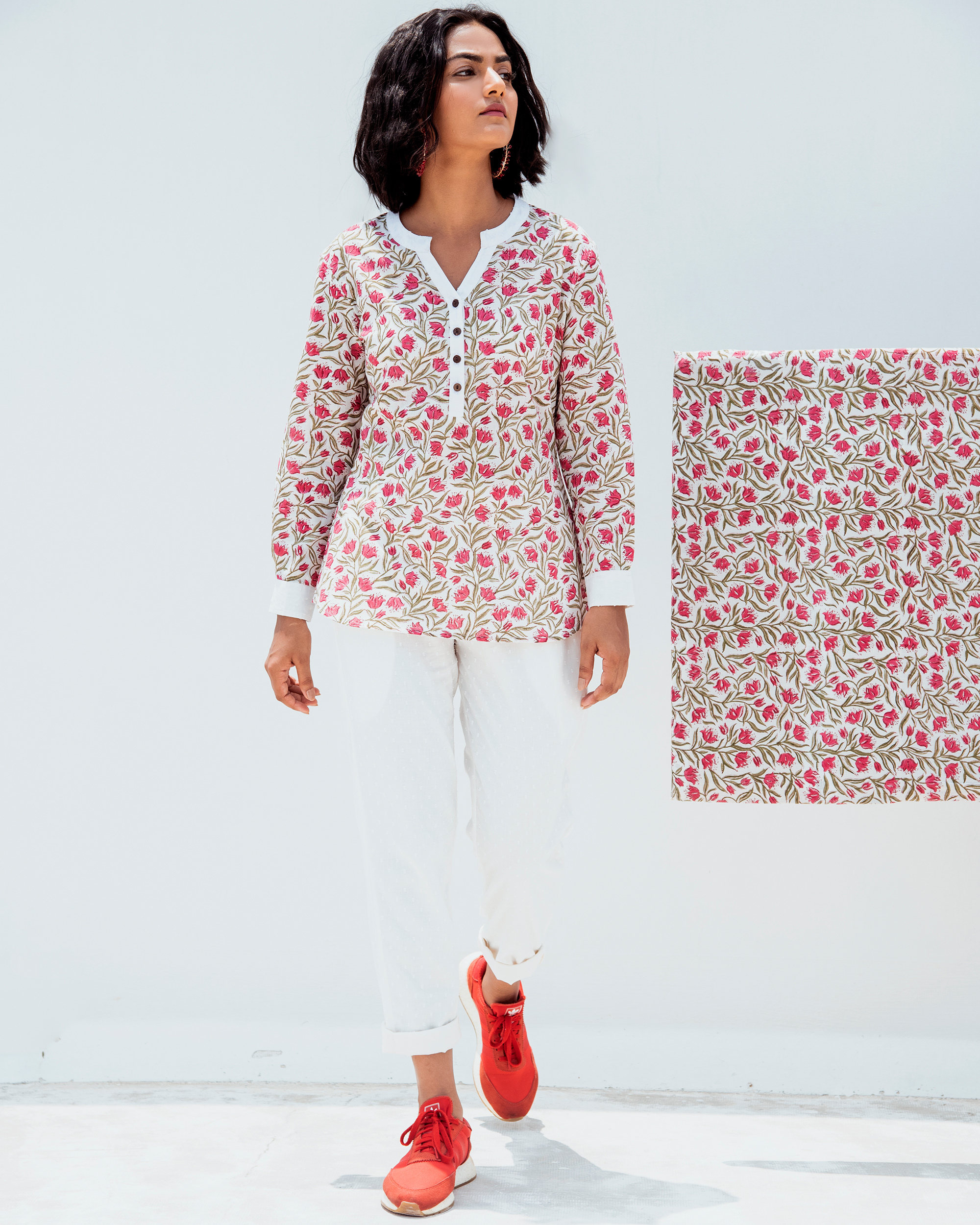 Pink and white floral block printed top and pants - Set Of Two by ...