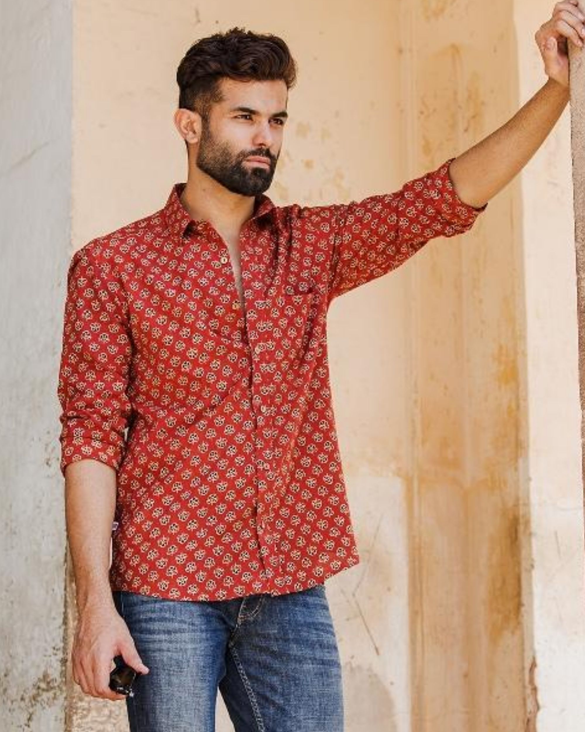 Red ajrakh floral printed shirt by Prints Valley | The Secret Label