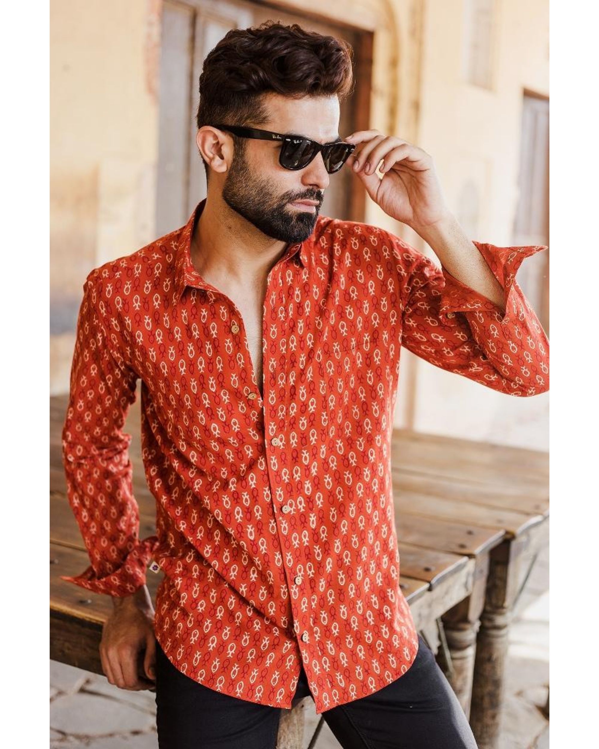 Red fish printed shirt by Prints Valley