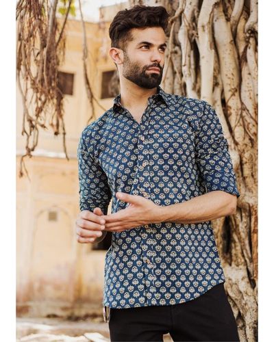 Blue and black ajrakh floral printed shirt by Prints Valley | The ...