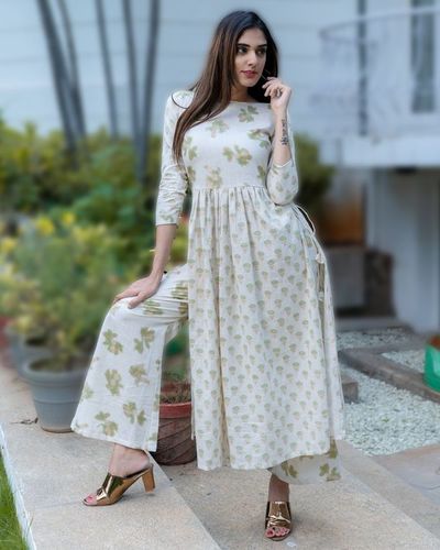 Olive green and gold printed gathered kurta with palazzo - Set Of Two ...