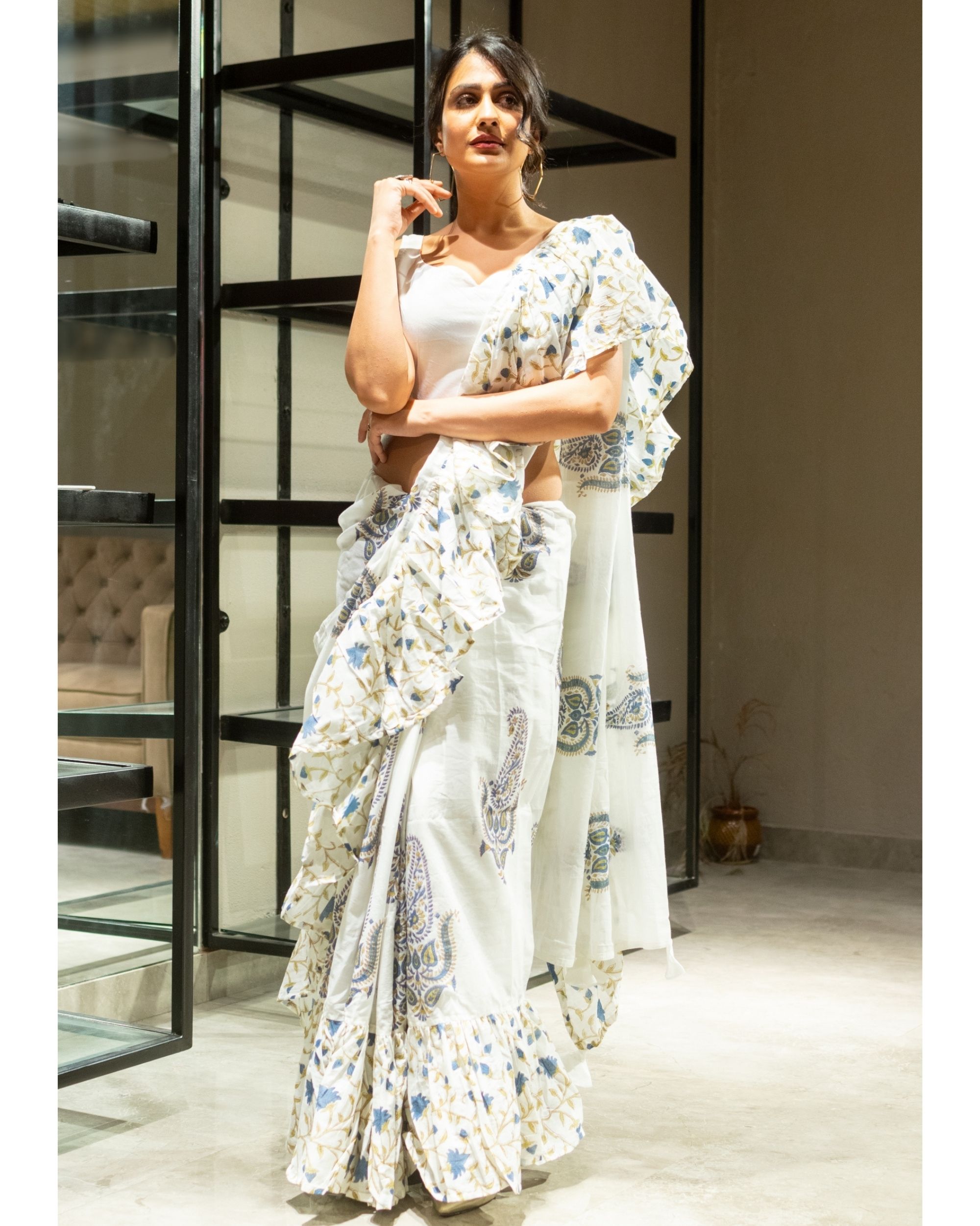 Buy Blue Viscose Georgette Printed Pre-draped Ruffle Saree With Blouse For  Women by Aariyana Couture Online at Aza Fashions.