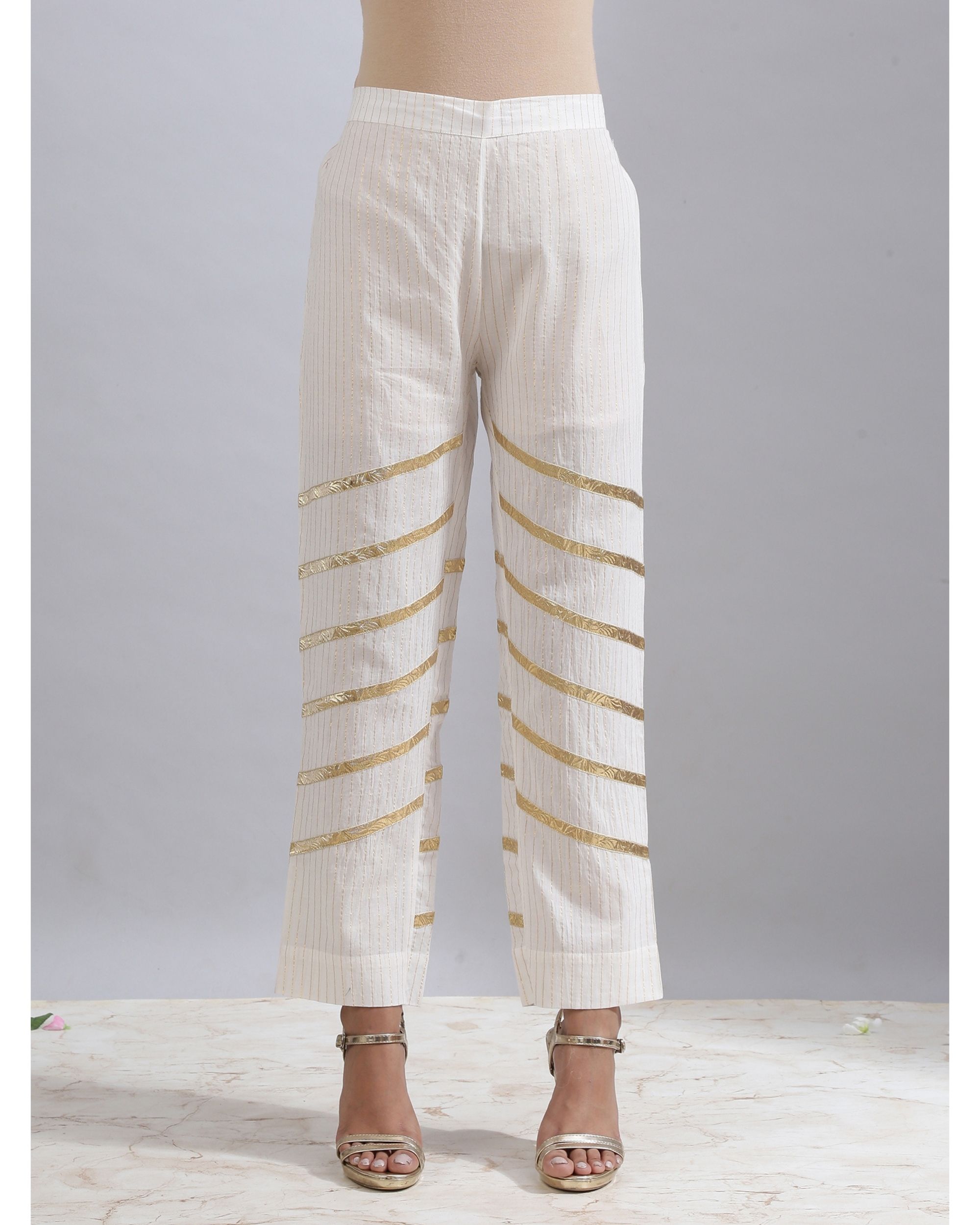 Ivory gota striped pants by Maison Shefali | The Secret Label