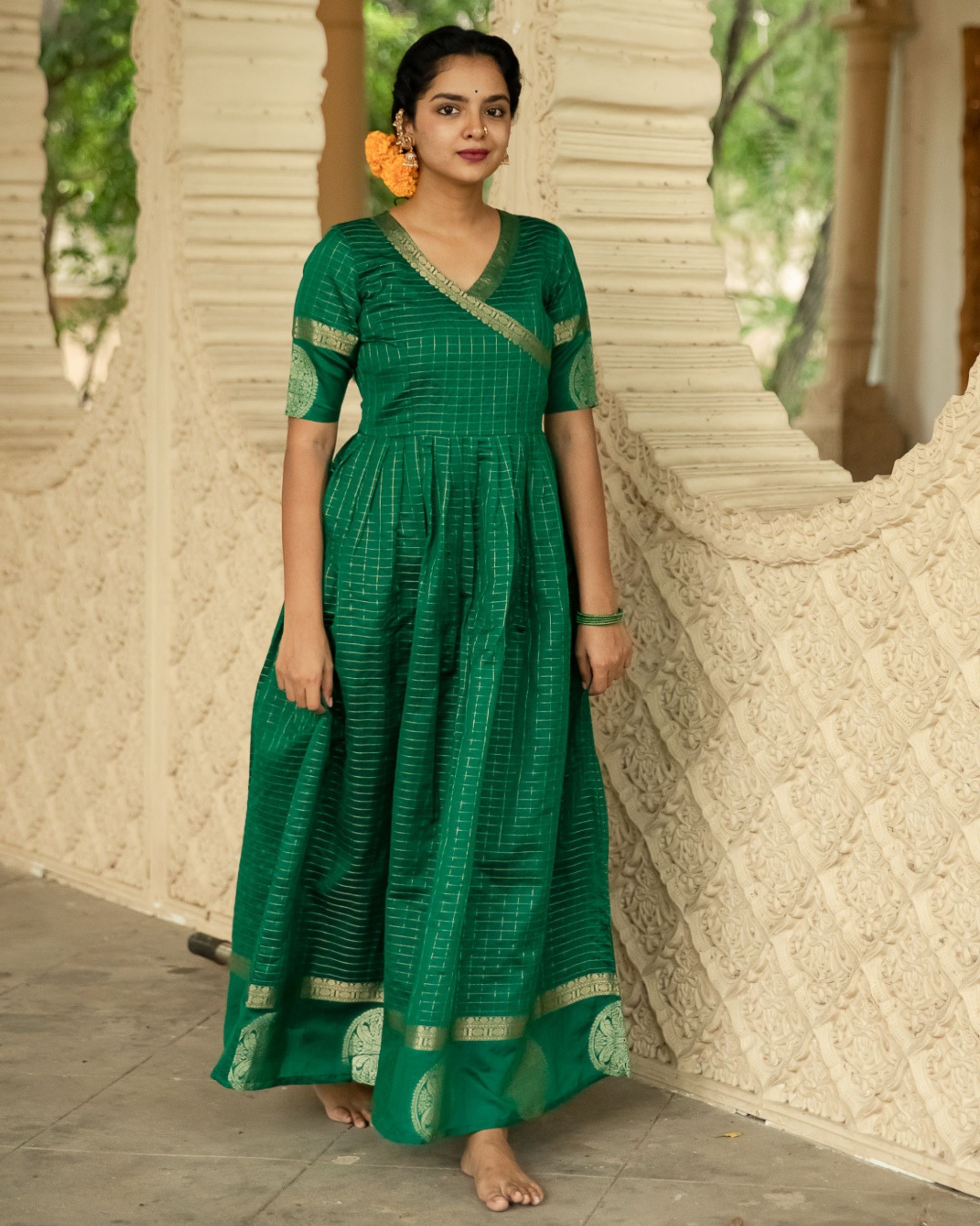 Dark green and gold checkered silk dress by Athira Designs | The Secret ...