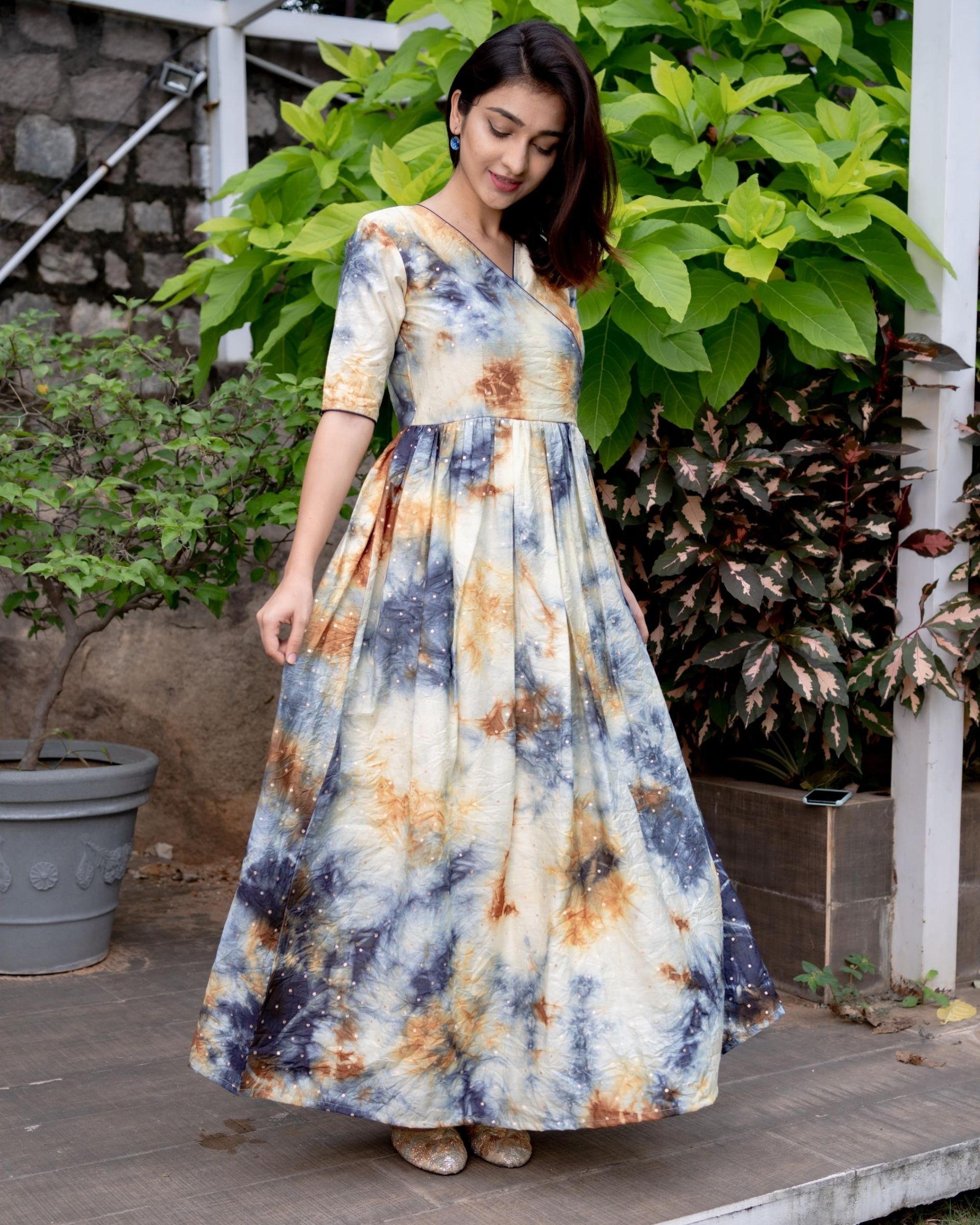 Shibori Style Digital Print Organza Long GownDesigner Multi Color Fancy  Gown DressIndian Party Wear