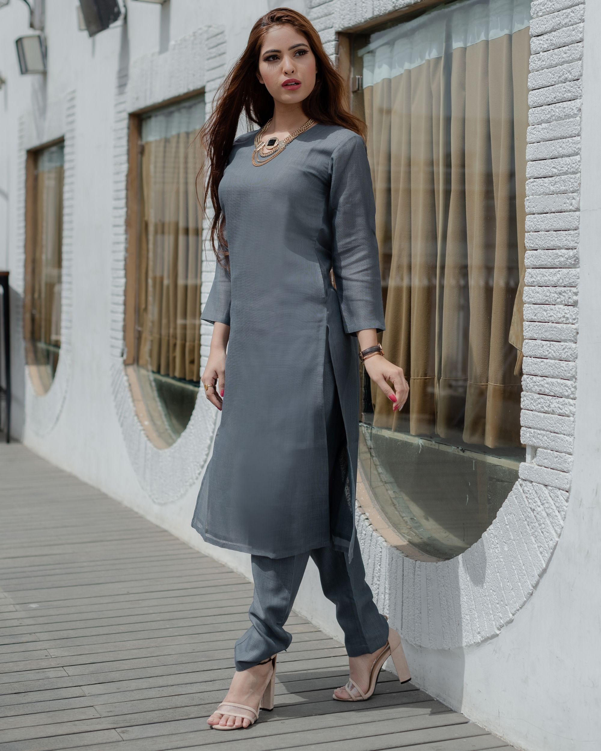 Grey cotton kurta and tapered pants - Set Of Two by Half Full Half Empty