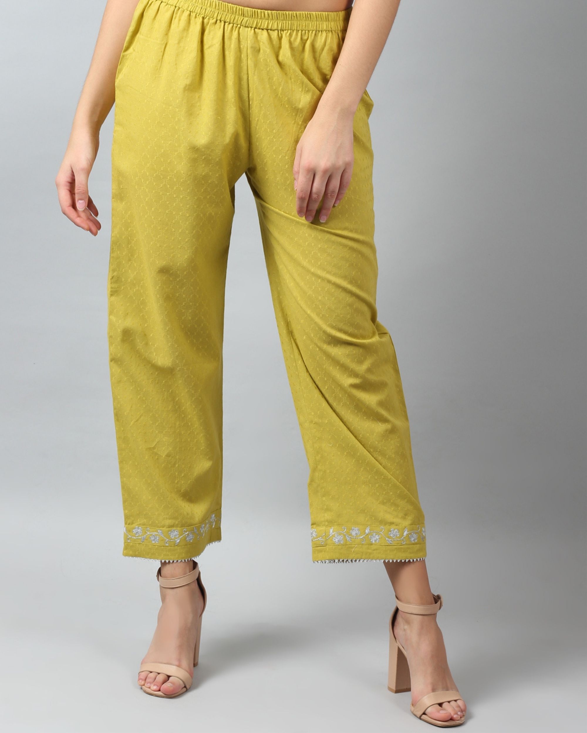 Chartreuse embroidered pants by D'ART STUDIO | The Secret Label