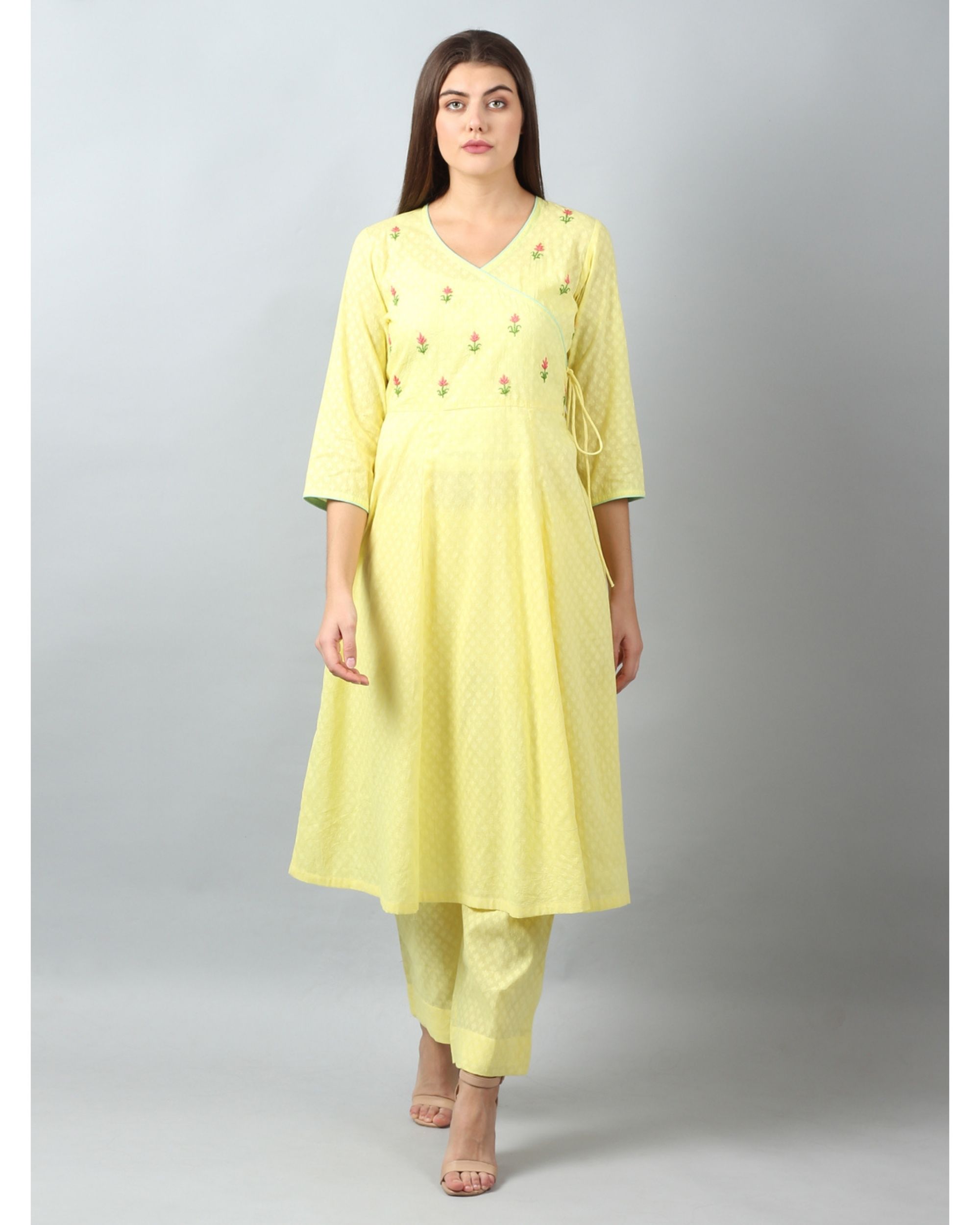 Yellow floral embroidered angrakha kurta and pants - Set Of Two by D ...